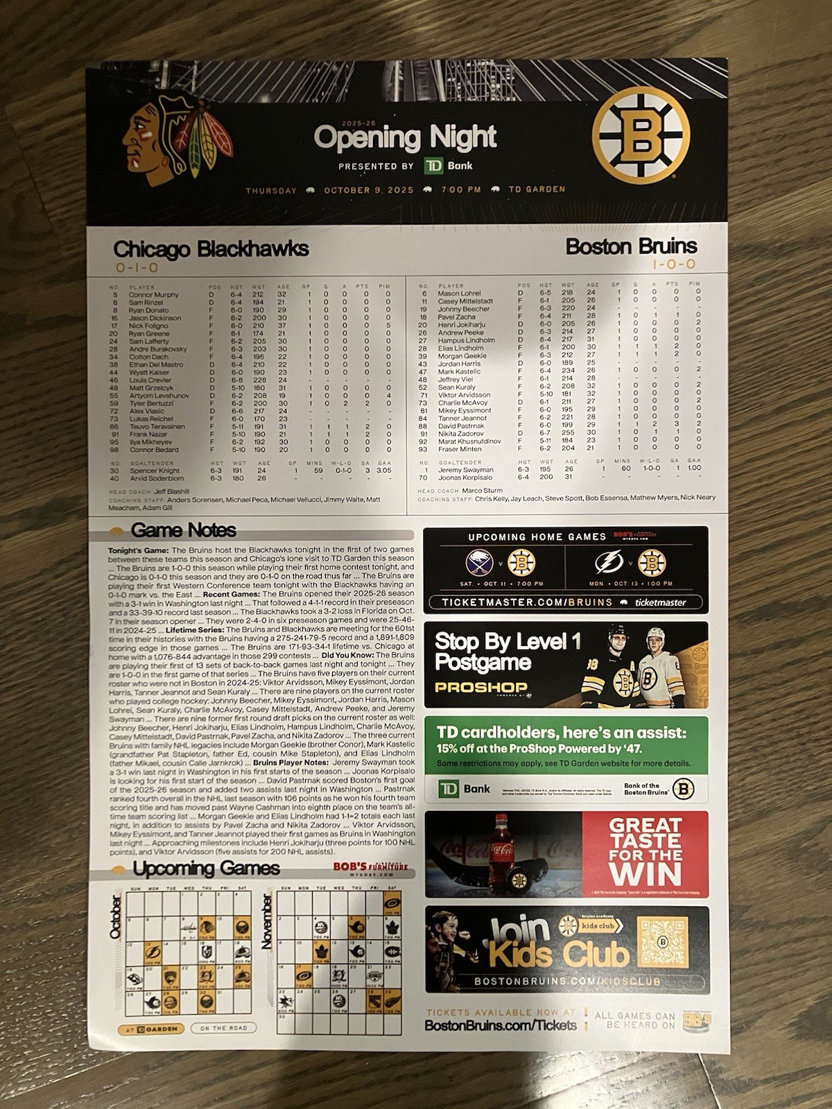 Boston Bruins Game Poster VS Chicago Blackhawks 10/9/25 #88 David Pastrnak ￼￼