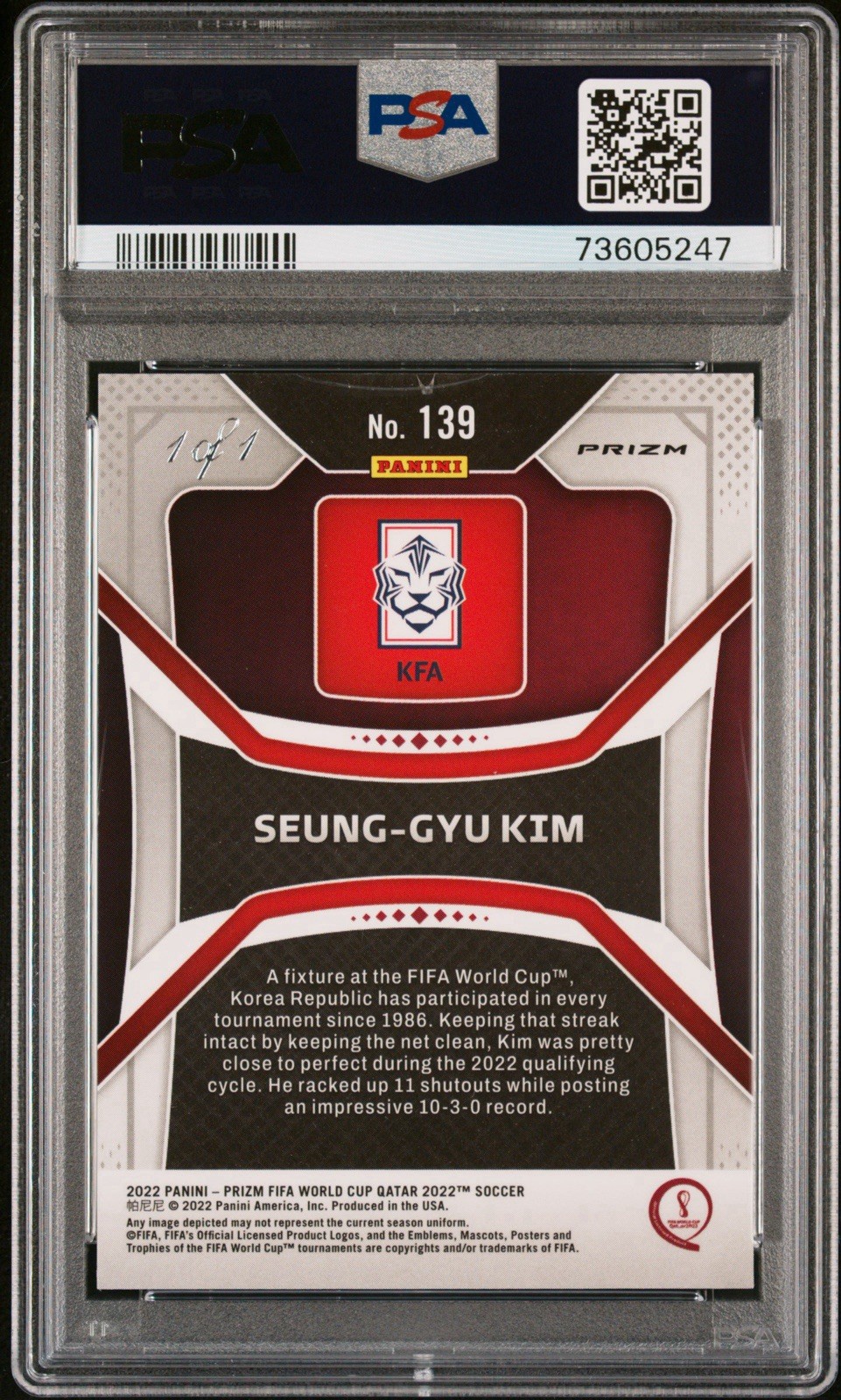 2022 Panini Prizm World Cup Qatar Seung-gyu Kim Black 1/1 South Korea