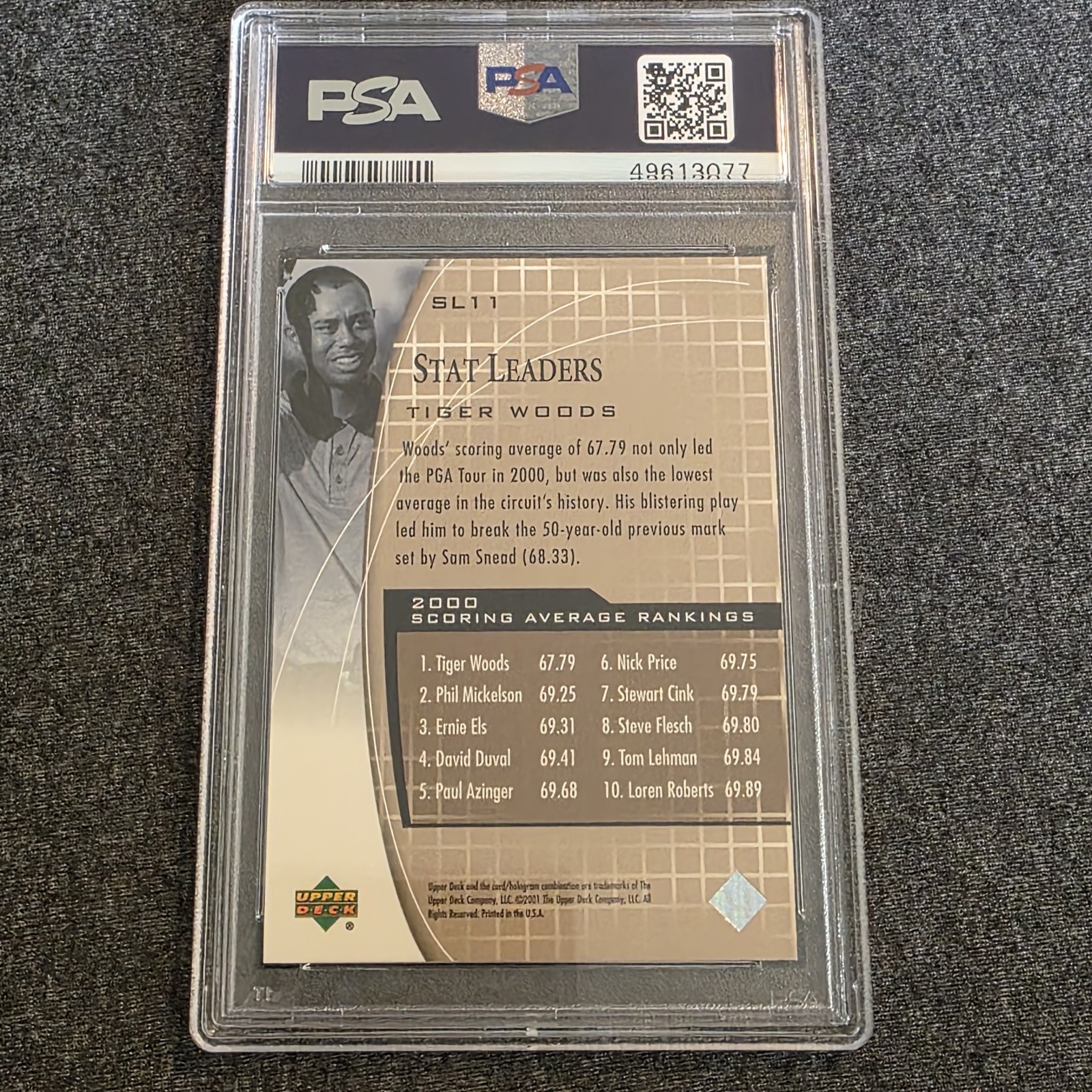 2001 Upper Deck Tiger Woods #SL11 Stat Leaders PSA 9 Mint Graded Golf Card