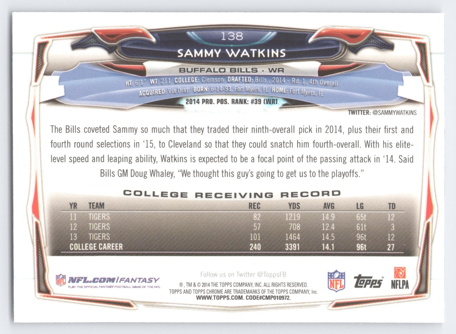 2014 Topps Chrome – Sammy Watkins #138 Standing Upright (RC)