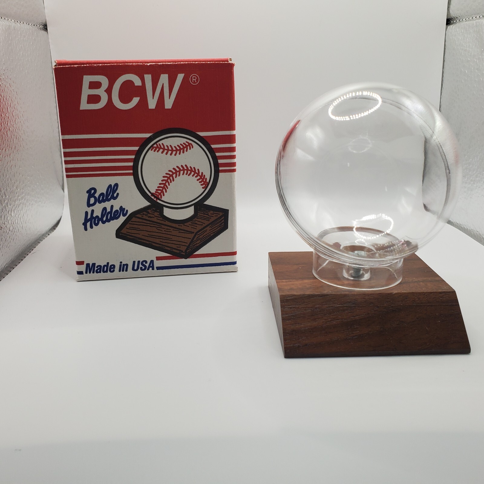 BCW Baseball Display Holder with Slant Wood Base VTG Made in USA New in Box