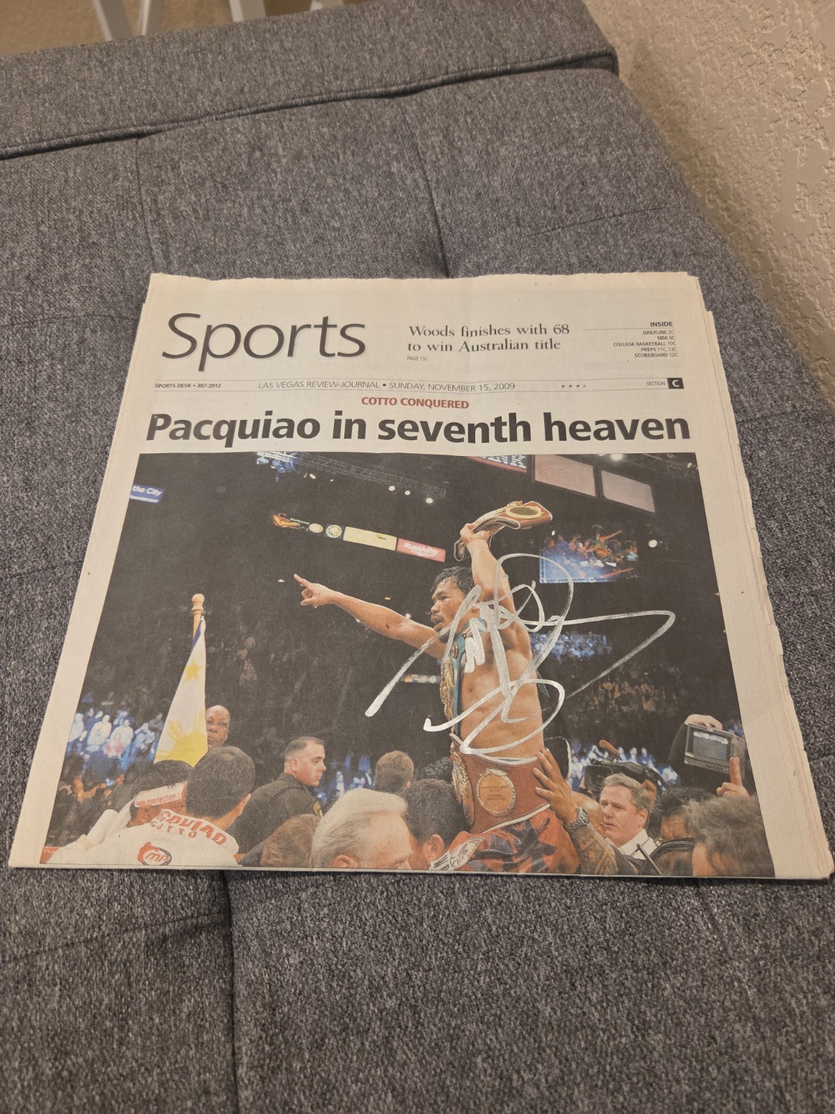 Manny Pacquiao Autographed Las Vegas Newspaper With Photo Proof