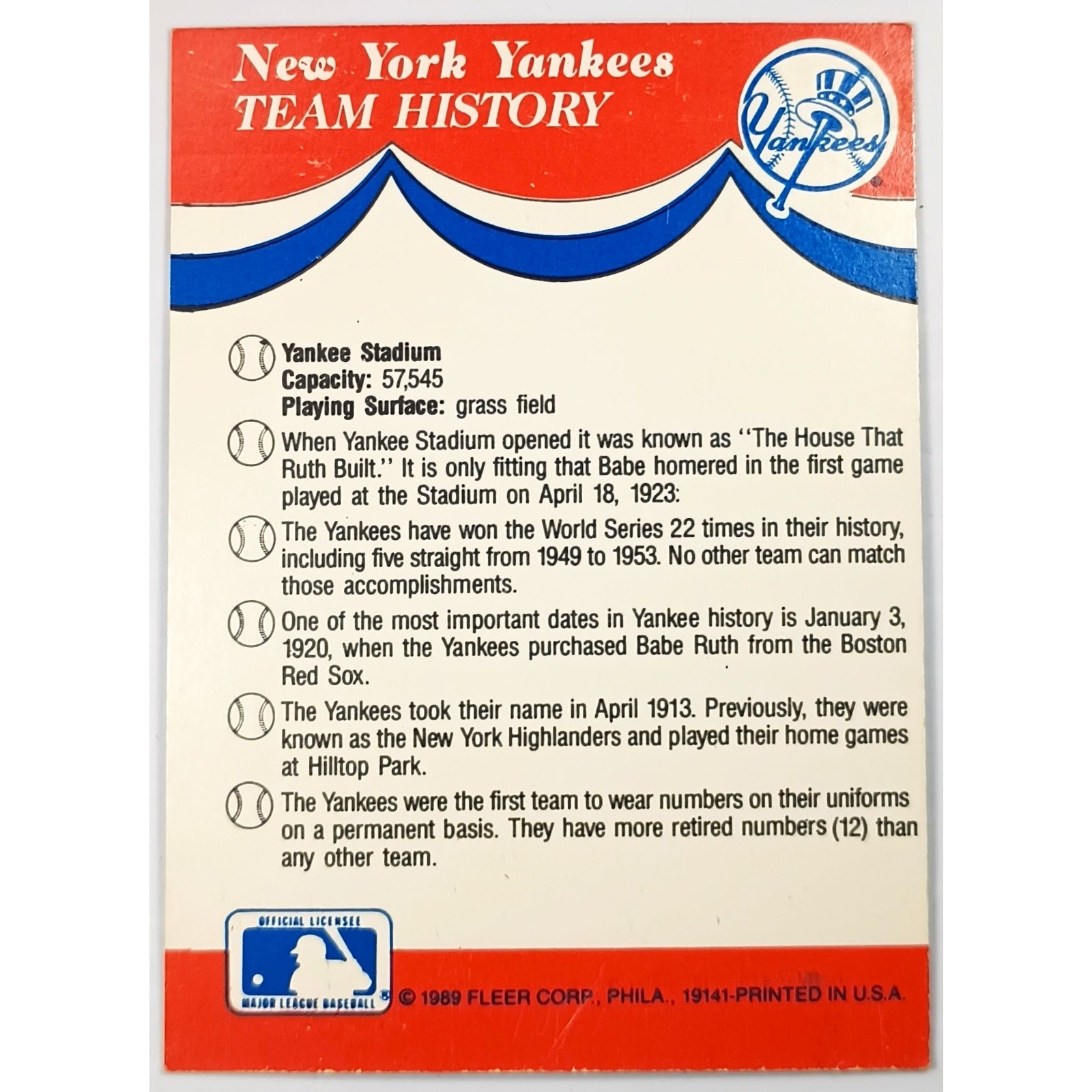 Fleer 1989 Baseball NEW YORK YANKEES Sticker Card, See Pics/Descr.