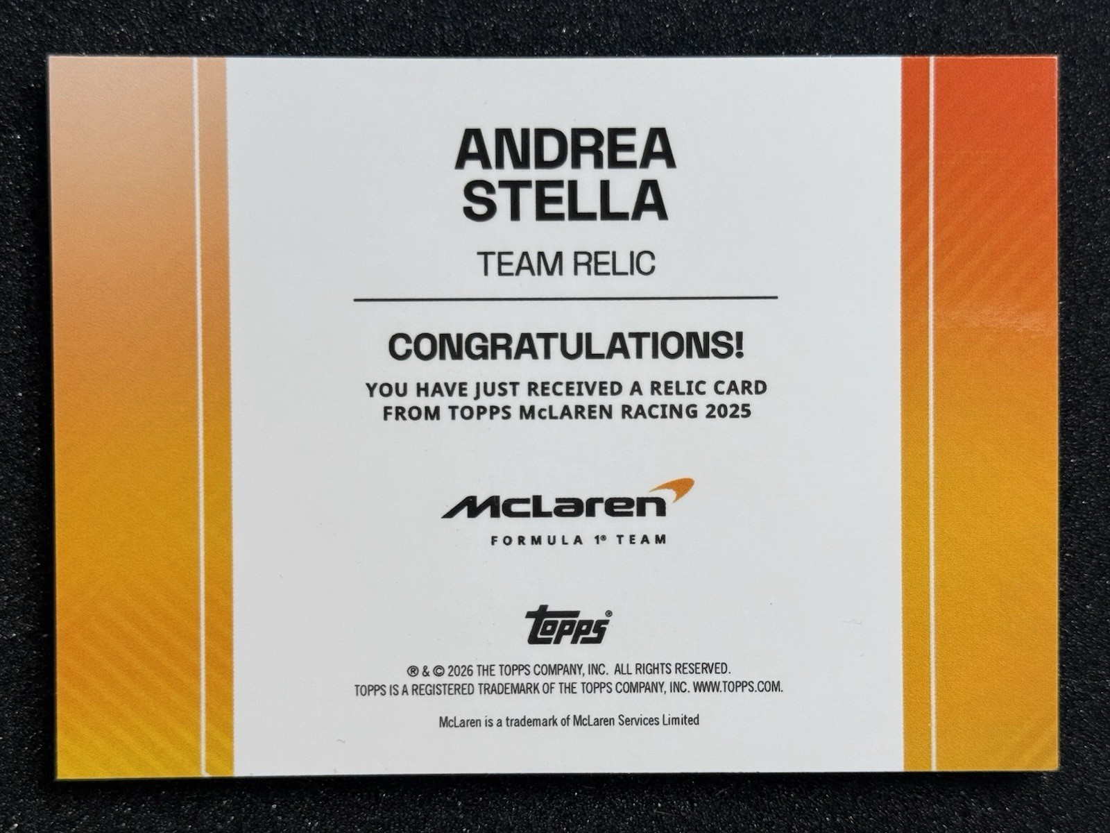 2026 Topps McLaren Formula 1 Team Racing Andrea Stella Team Relic /5 F1