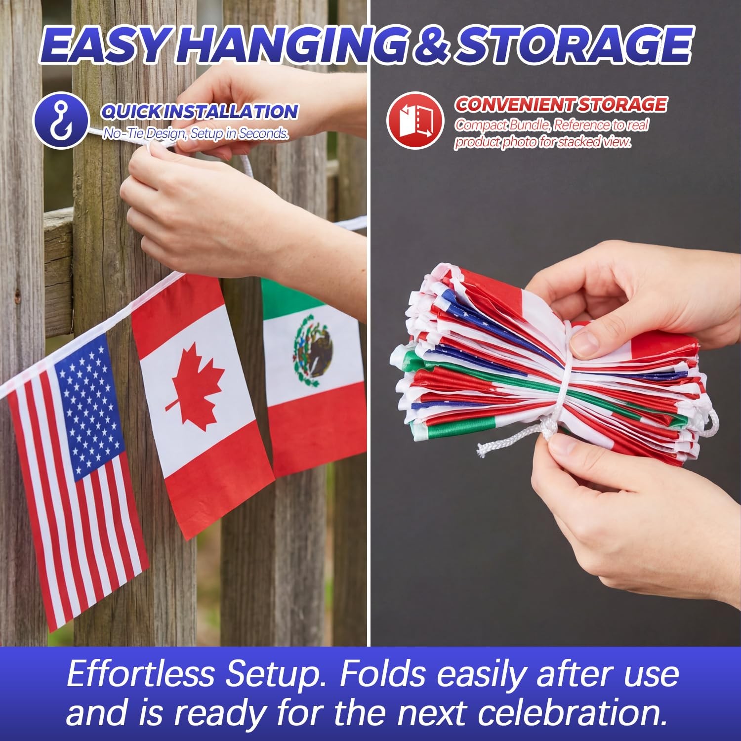 HunnmingRe 30 Pcs American Canadian Mexican String Flags 26 ft multicolor