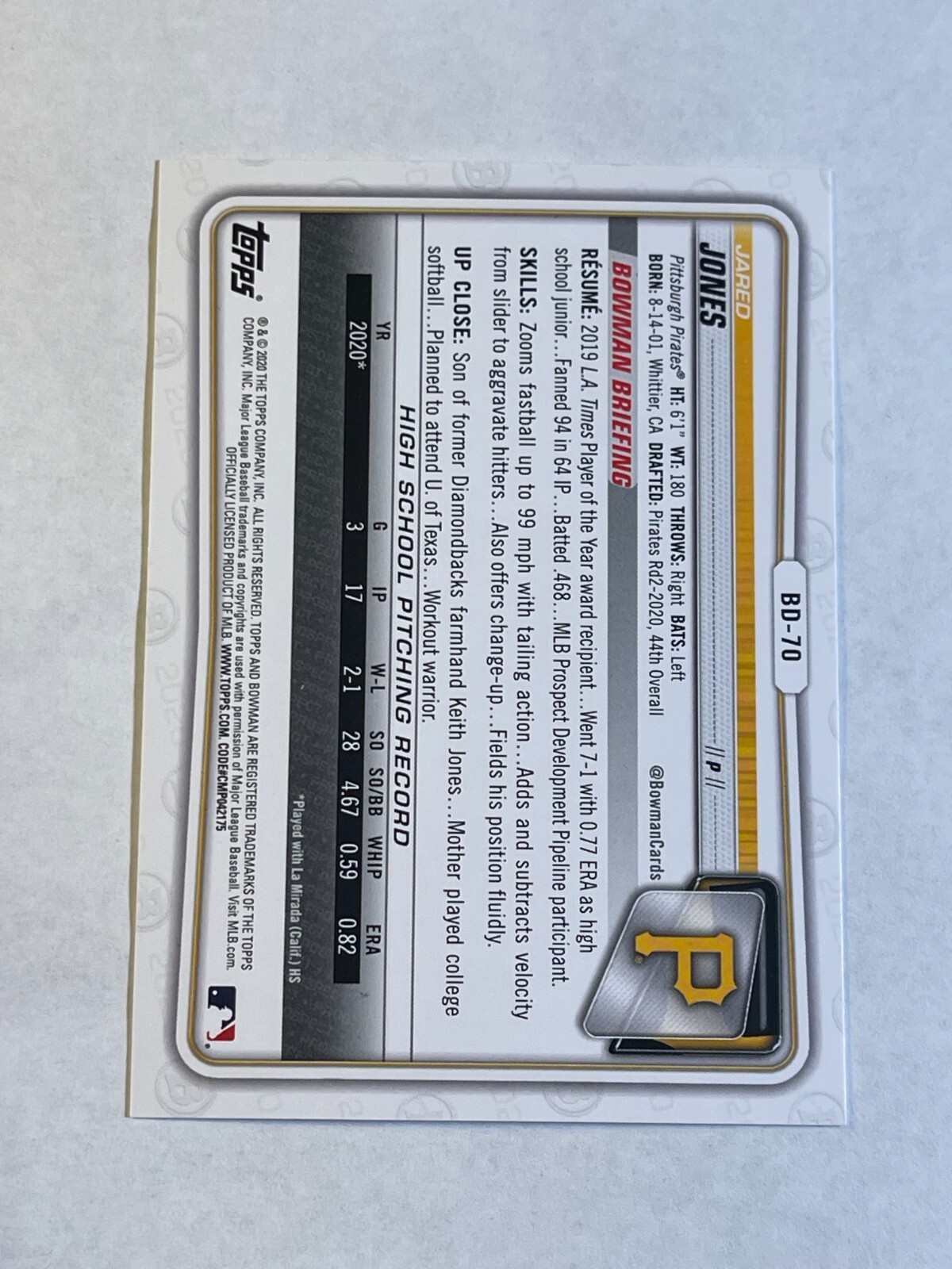 2020 Bowman Draft – #BD-70 Jared Jones (RC)