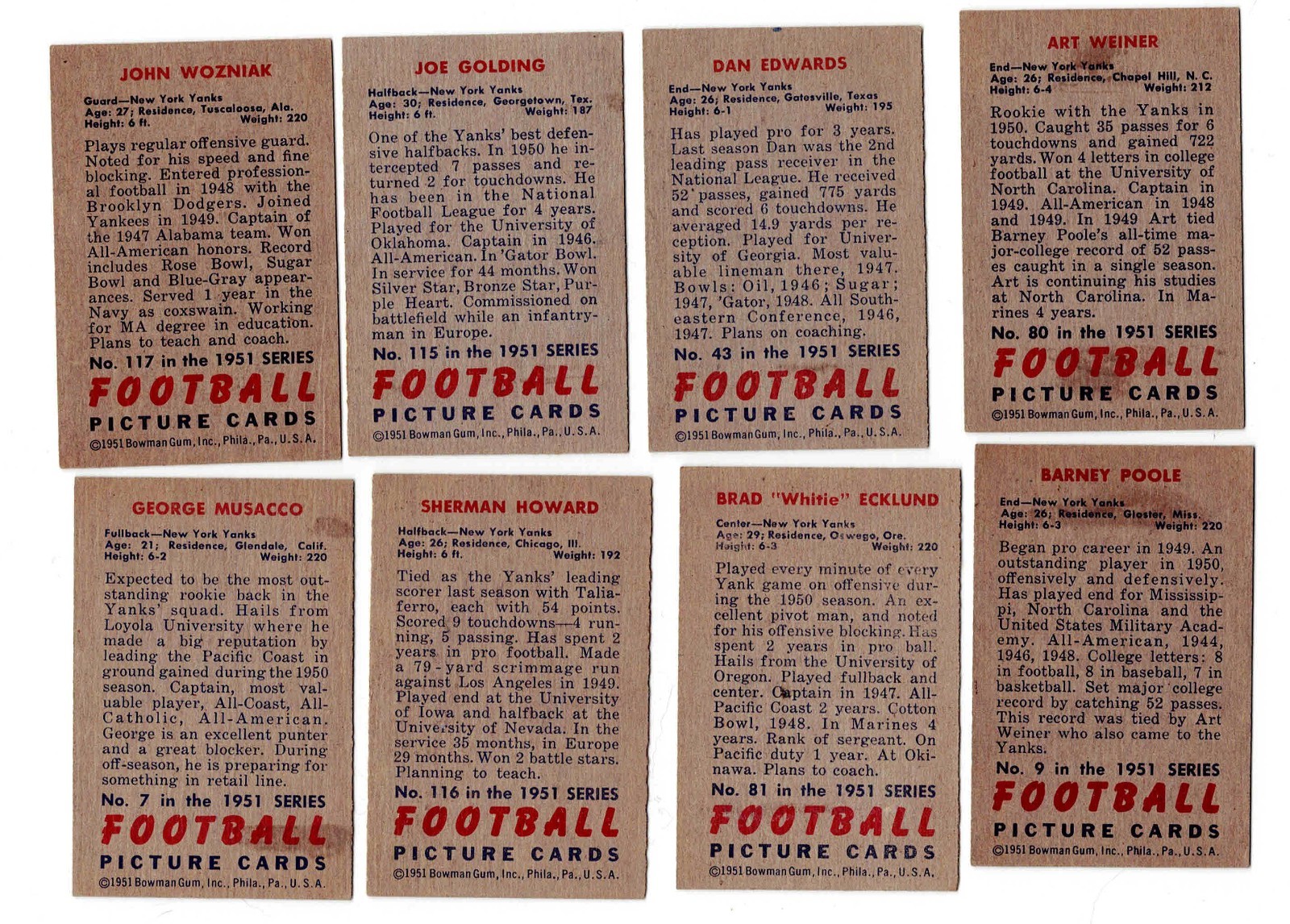 1951 Bowman Football Cards Part Set Qty 75 Different Many HOF Players.