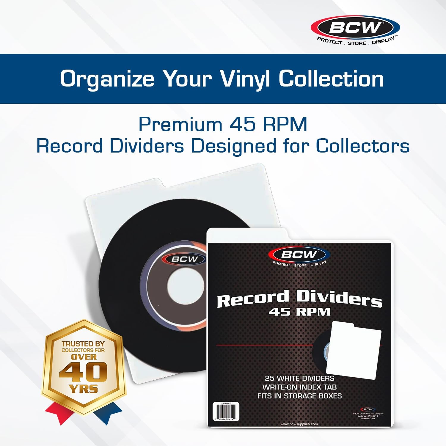 45 RPM Record Dividers | White | Write-On Index Tab | Archival Polypropylene | E