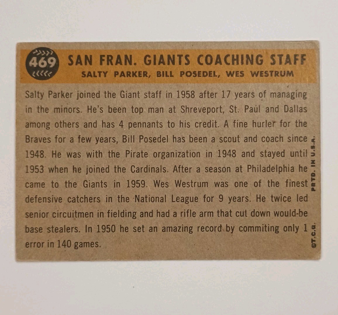 1960 Topps – Wes Westrum, Salty Parker, Bill Posedel #469 (RC)