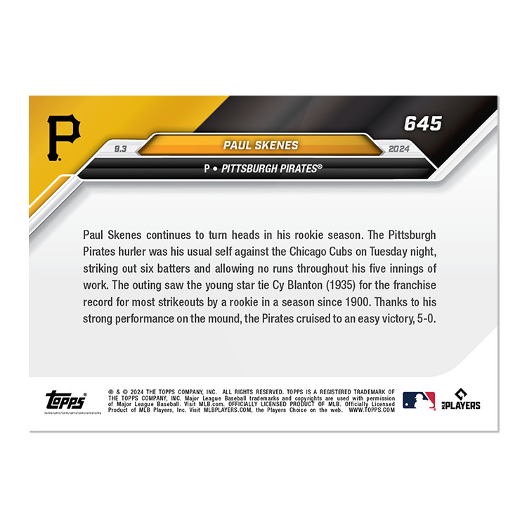 2024 Topps Now 645 Paul Skenes Record for Most K’s Since 1900 -Free Shipping!