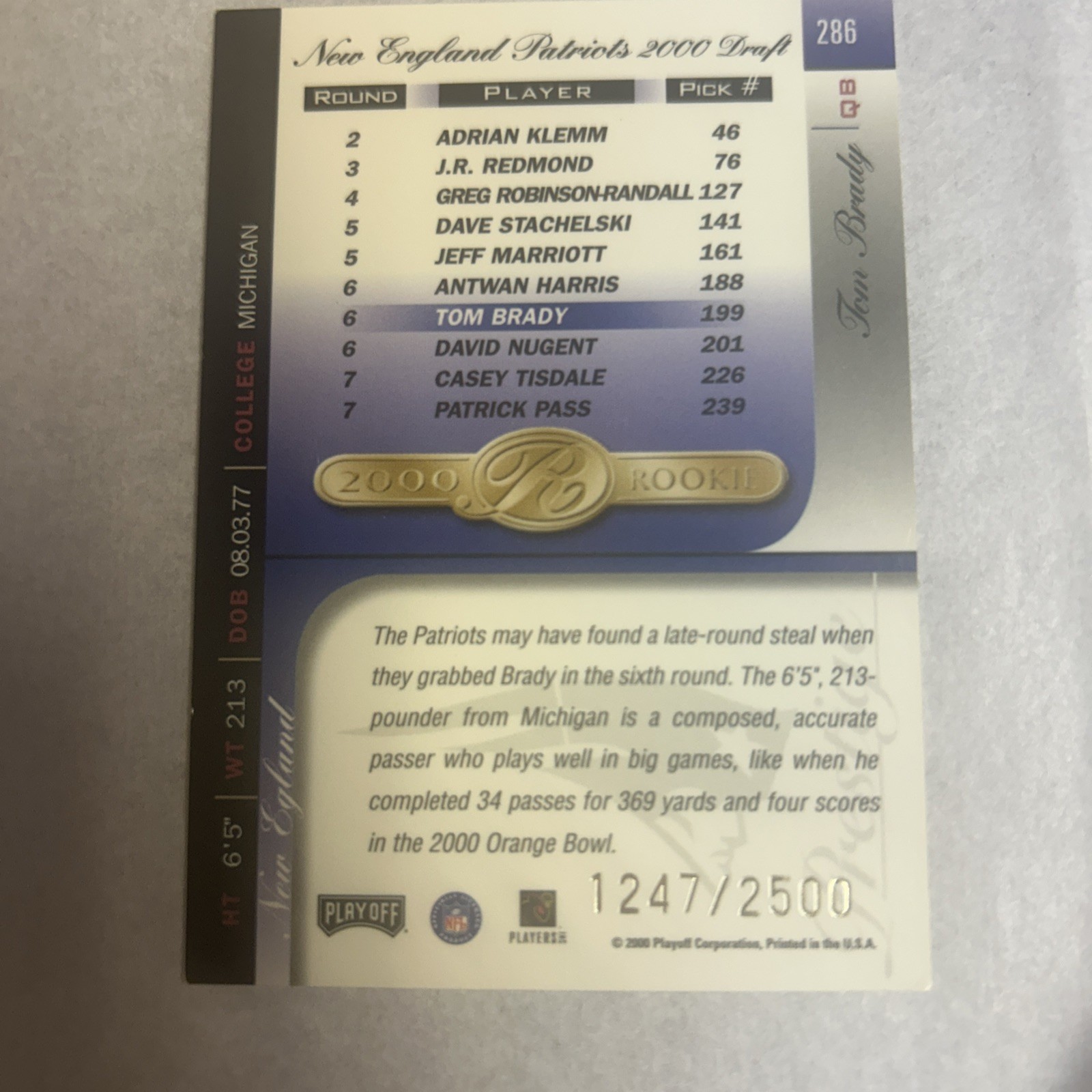 2000 Playoff Prestige Tom Brady RC 1247 /2500 #286 Patriots Bucs GOAT! Rare Read