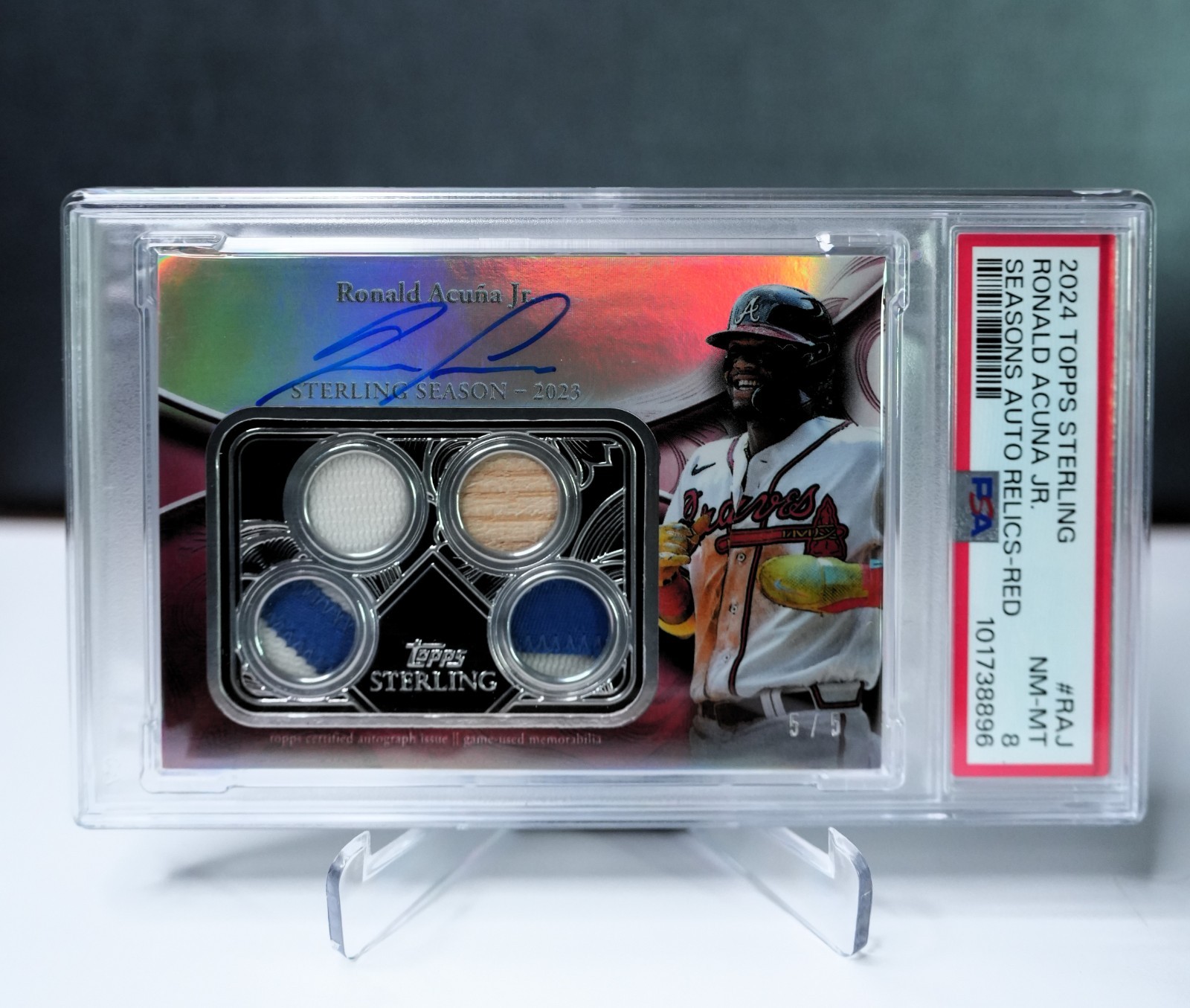 2024 Topps Sterling RONALD ACUNA JR SEASONS QUAD RELIC AUTO RED 5/5 PSA 8