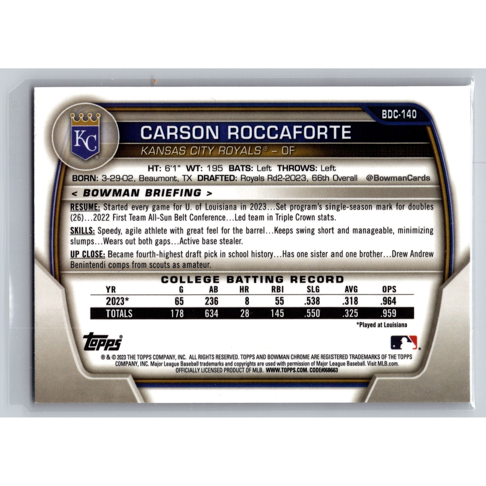 Carson Roccaforte 1st Purple Refractor /250 2023 Bowman Draft #BDC-140 Royals