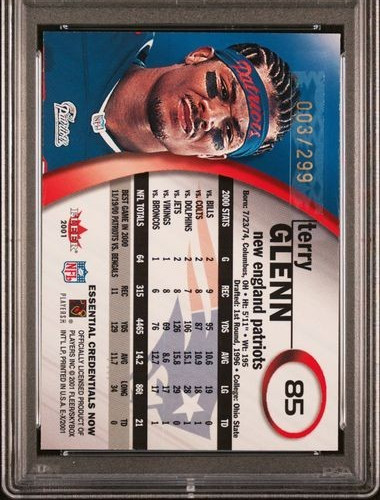 2001 Fleer E-X /299 Essential Credentials Now #85 Terry Glenn SP NE Pop 3! PSA 8
