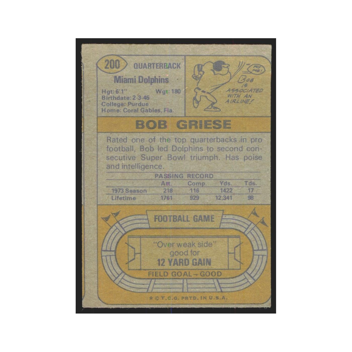 1974 Topps Bob Griese Dolphins #200.0