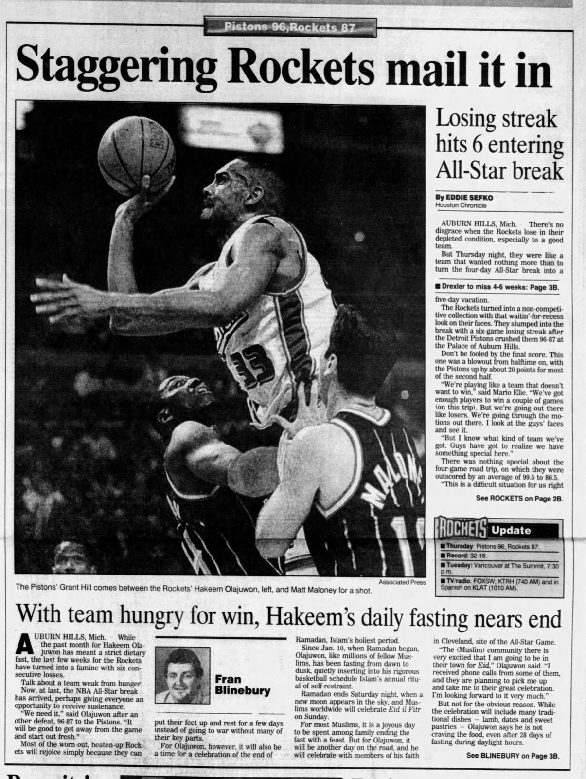 Hakeem Olajuwon 18pt Grant Hill 16pt 8ast Ticket Stub 2-6-1997 Rockets Pistons