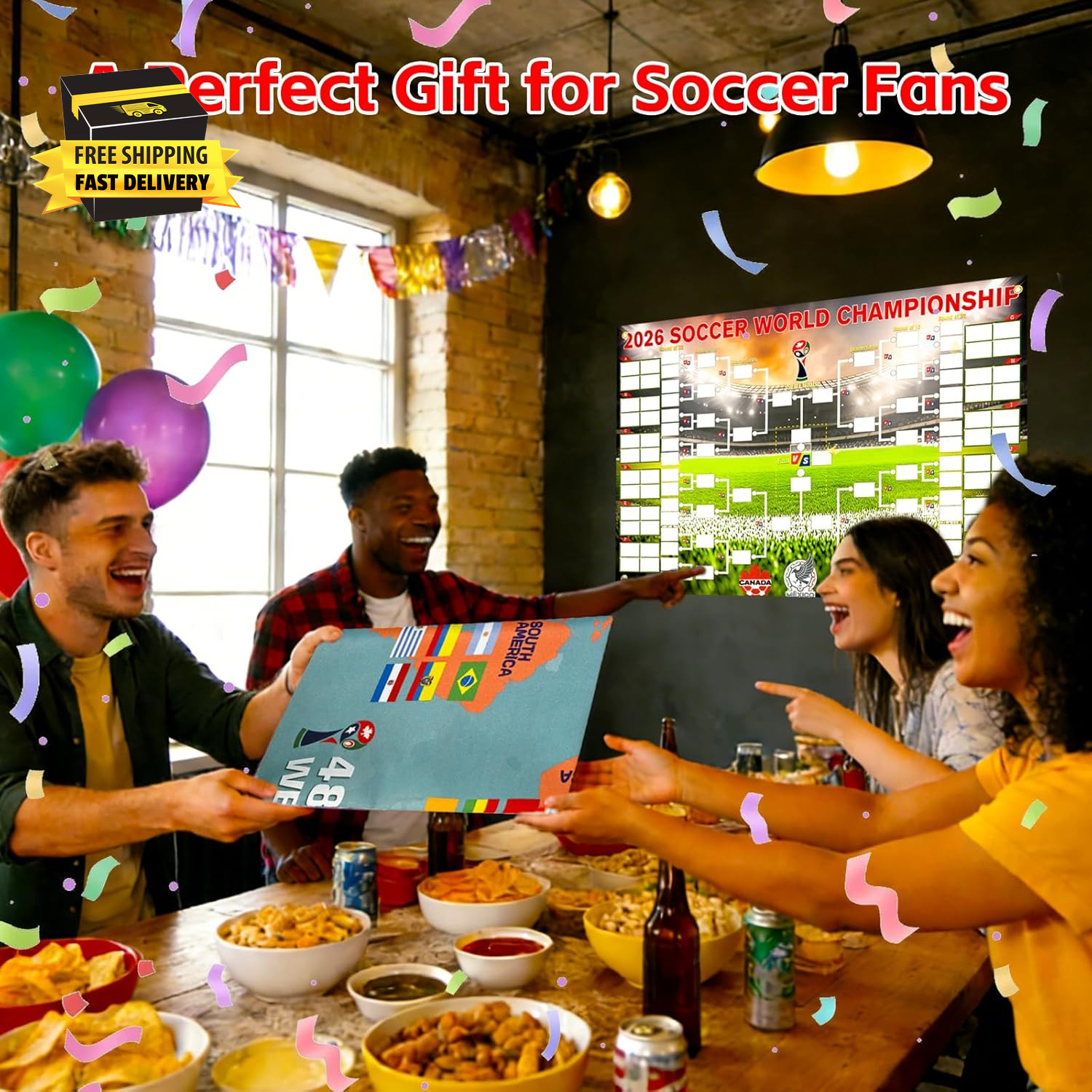 2026 World Cup Schedule Poster, 2-In-1 Double-Sided Soccer Wall Chart with 48-Te