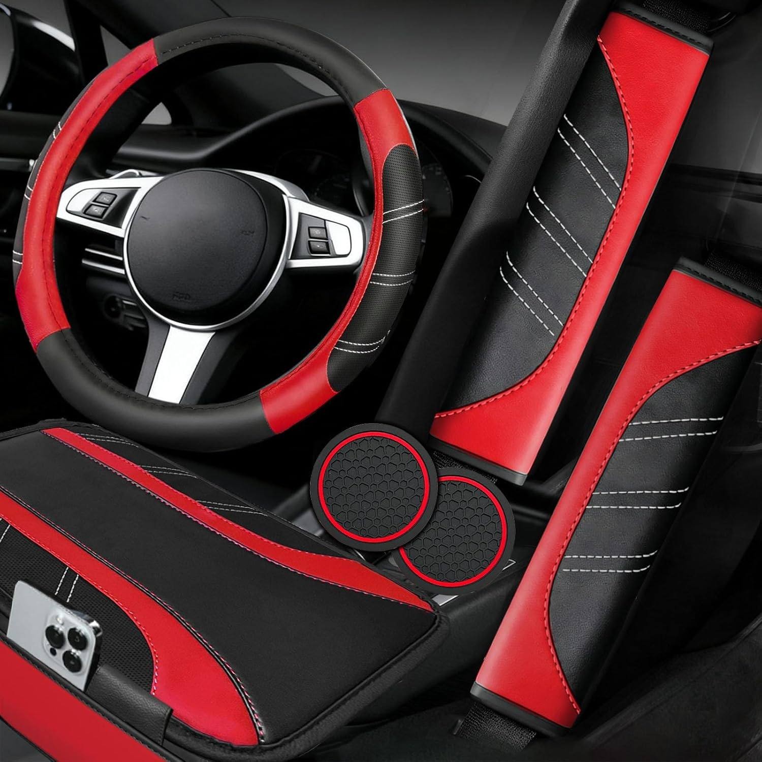 Car Steering Wheel Cover Seat Belt Pads Armrest Pad Cup Holder Mats Red Black