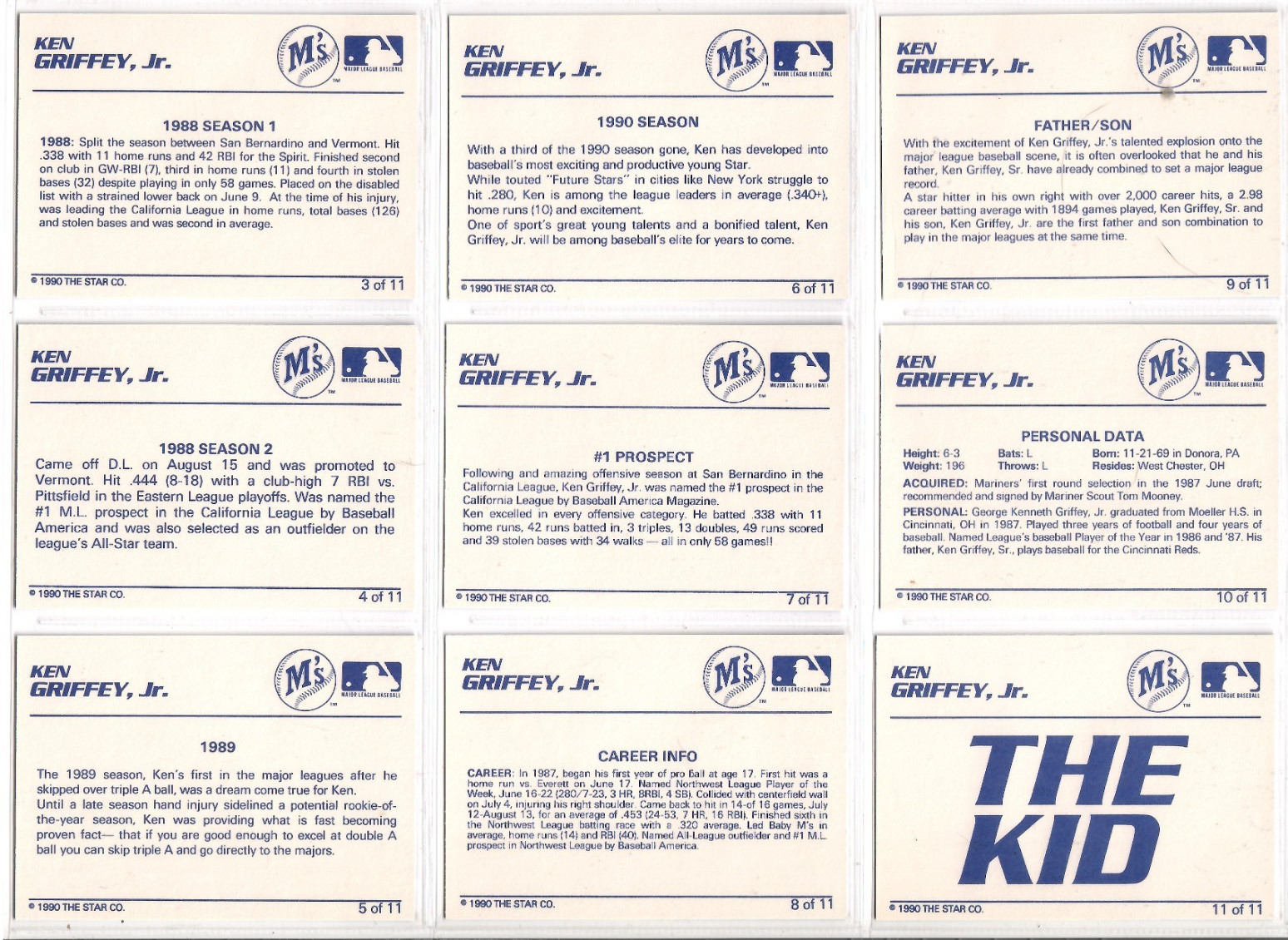 Ken Griffey Jr 1990 Star Company Seattle Mariners 11-card Baseball Set