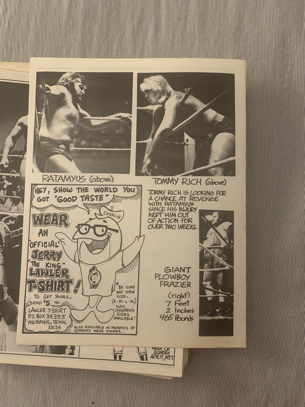 July 1977 VOL. 1 Memphis Wrestling Program inside pages Jerry Lawler original