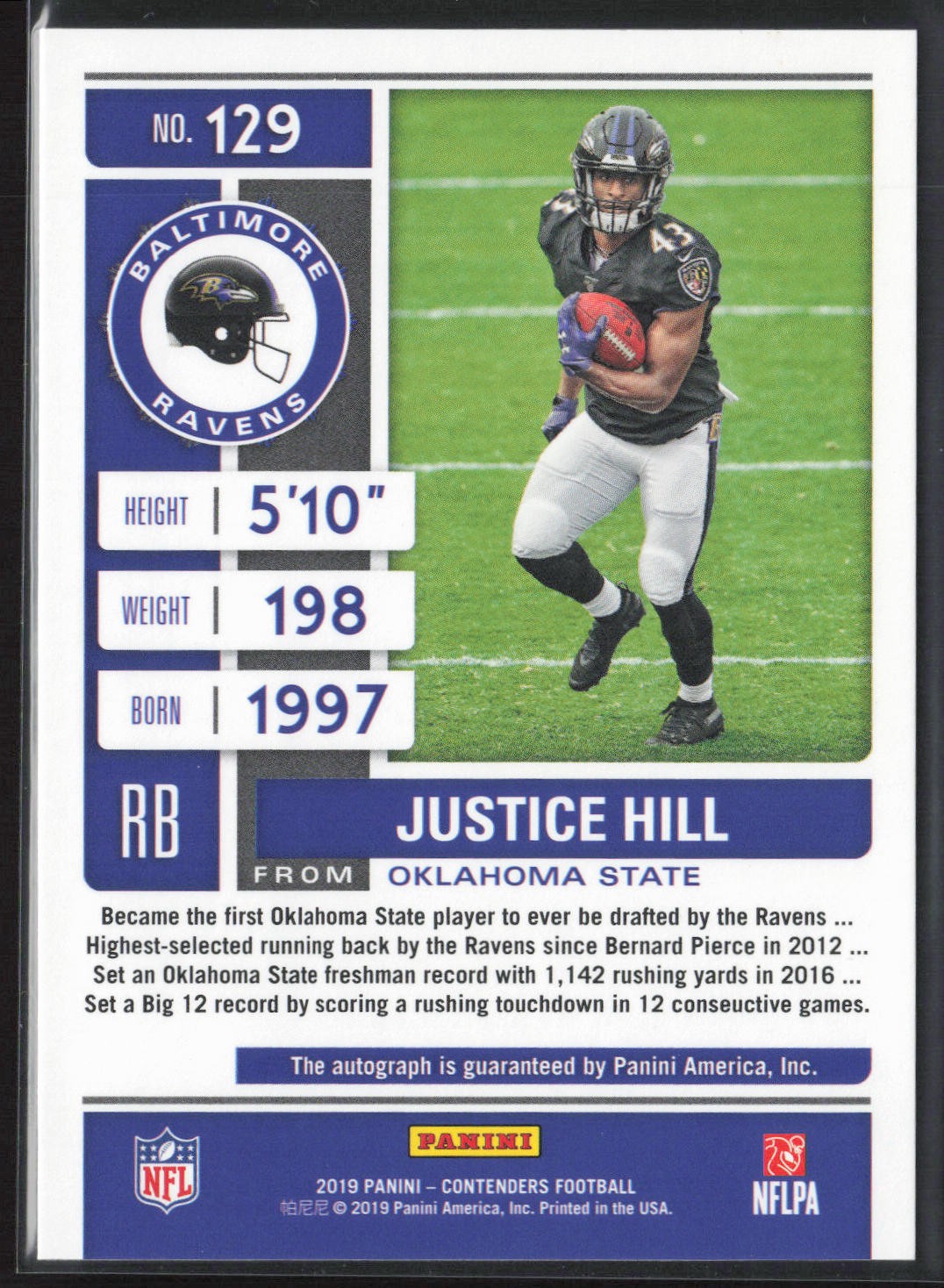 2019 Panini Contenders #129 Justice Hill Red Zone Rookie Ticket Auto