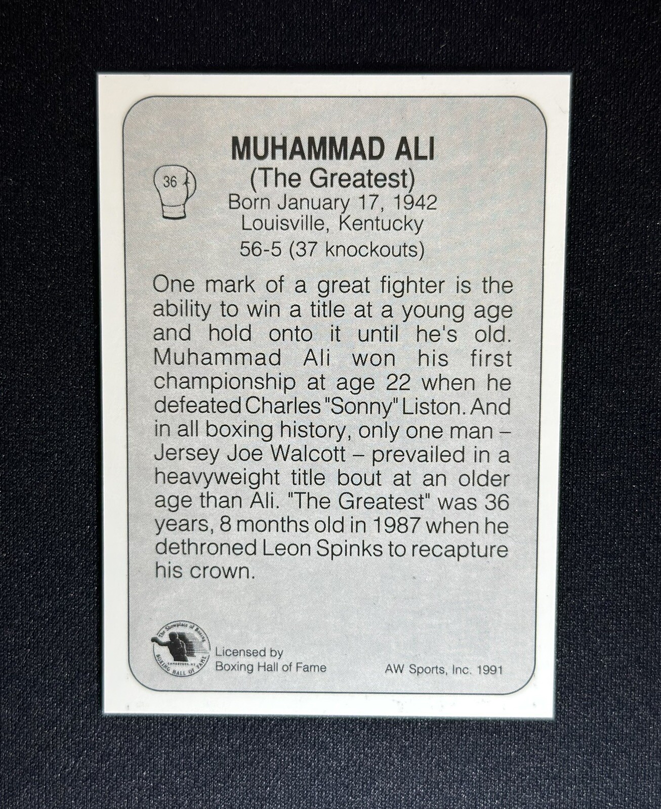 1991 All World AW Sports Muhammad Ali #36 Boxing Bonus Card 5 HOF