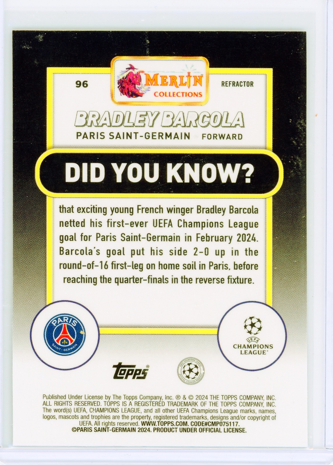 Bradley Barcola 2023-24 Topps Merlin Chrome UEFA Paris PSG Rookie Card RC ⭐️MINT