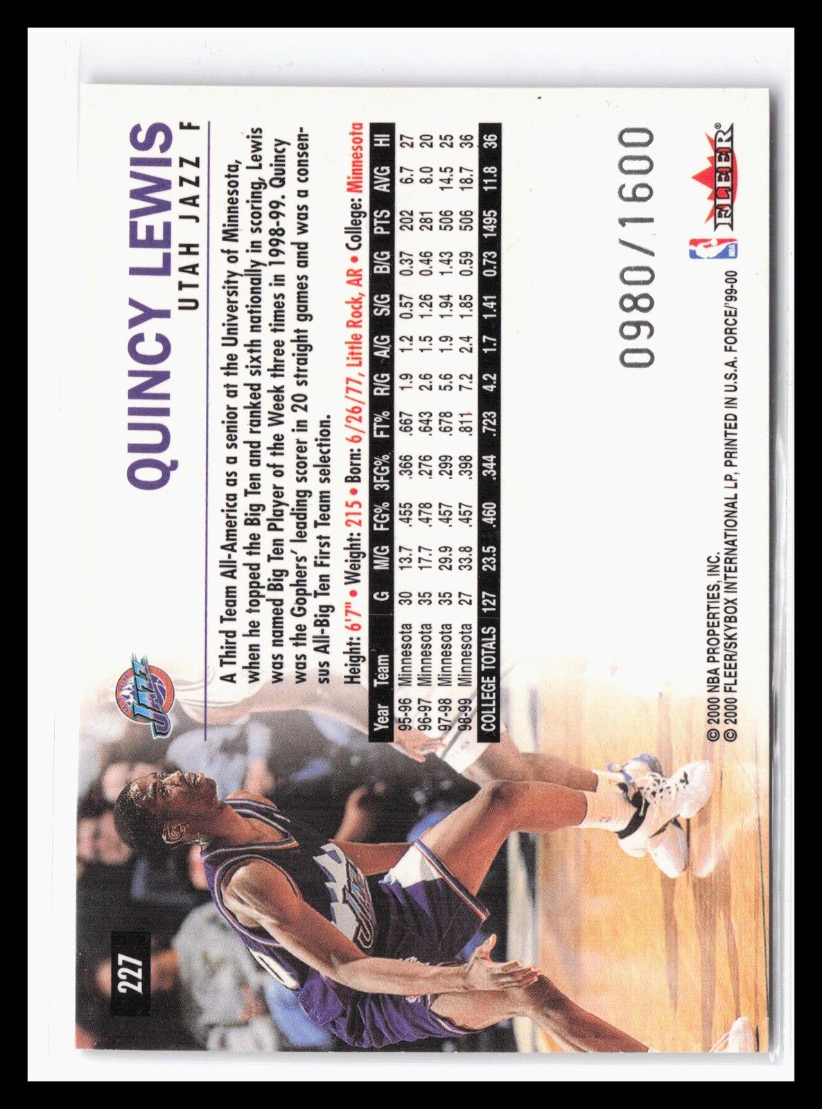 1999-00 Fleer Force #227 Quincy Lewis #/1600 Utah Jazz Rookie