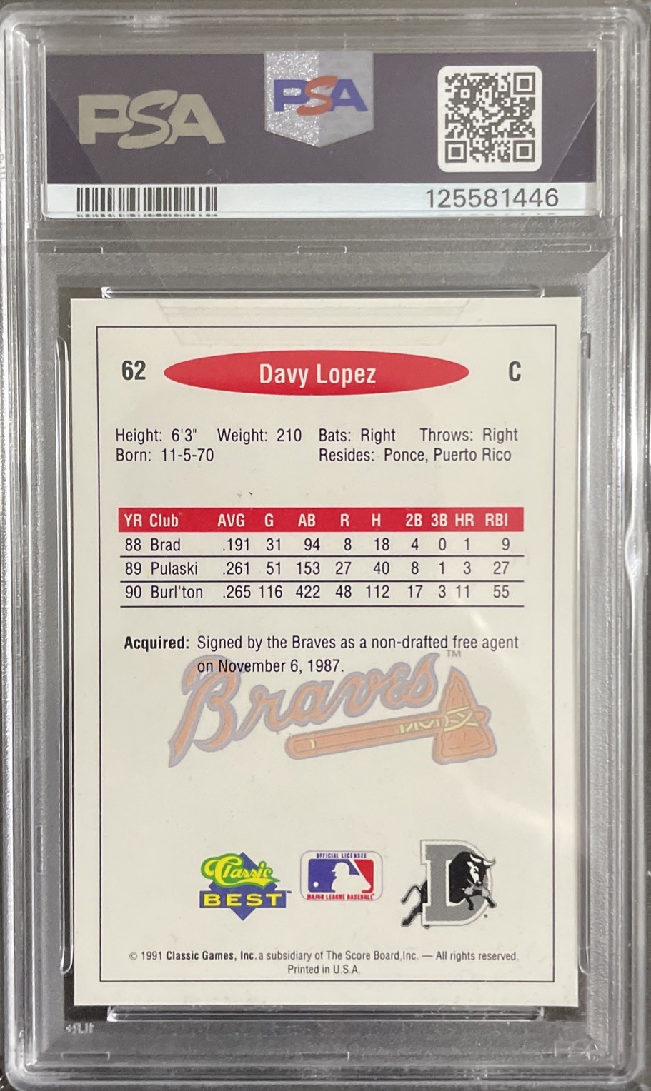 JAVY LOPEZ RC 1991 Classic Best Minor League #62 ERROR “Davy” PSA 10 Braves⚾️🪓