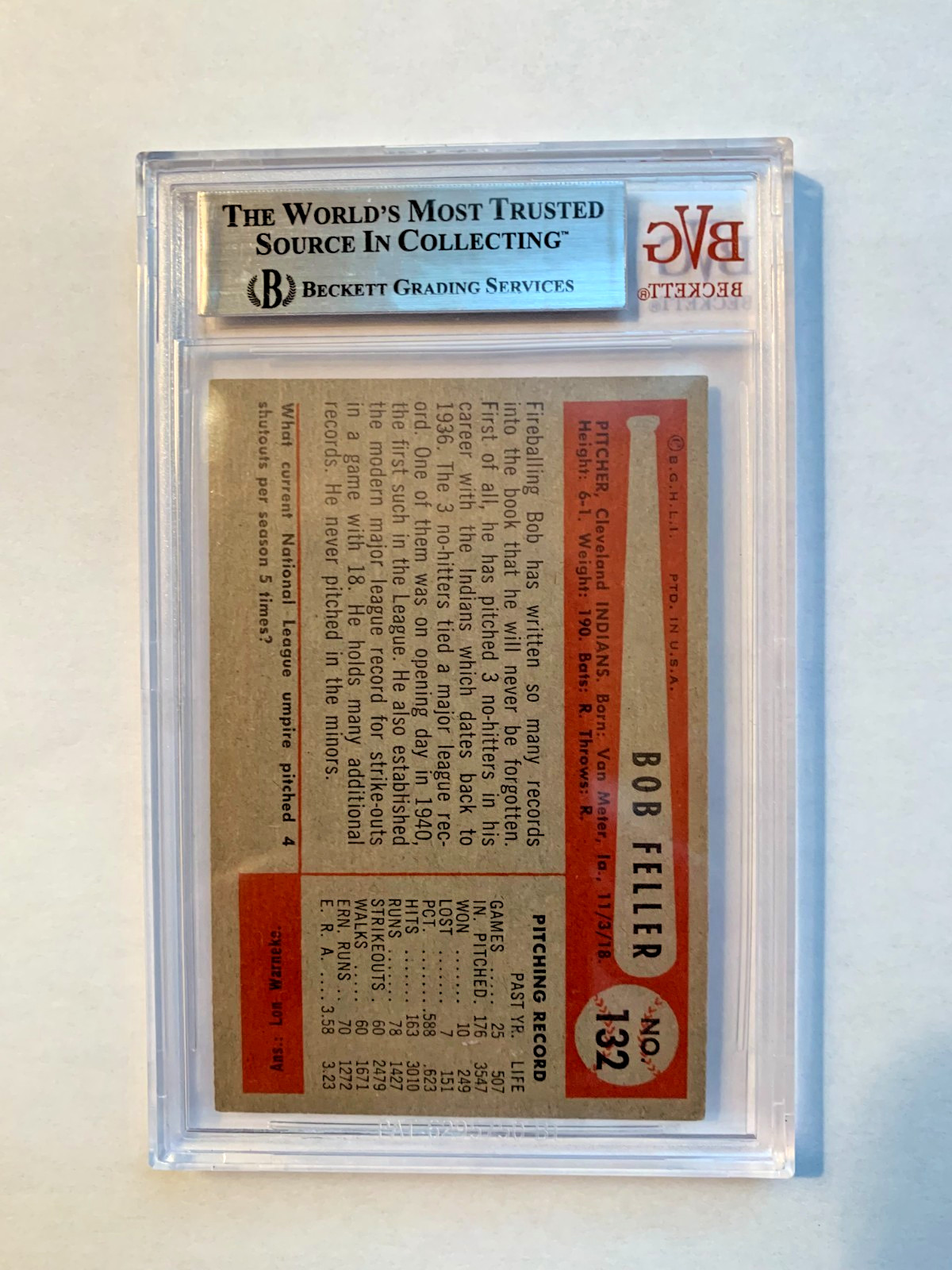 1954 Bowman #132 Bob Feller BVG 5 EX