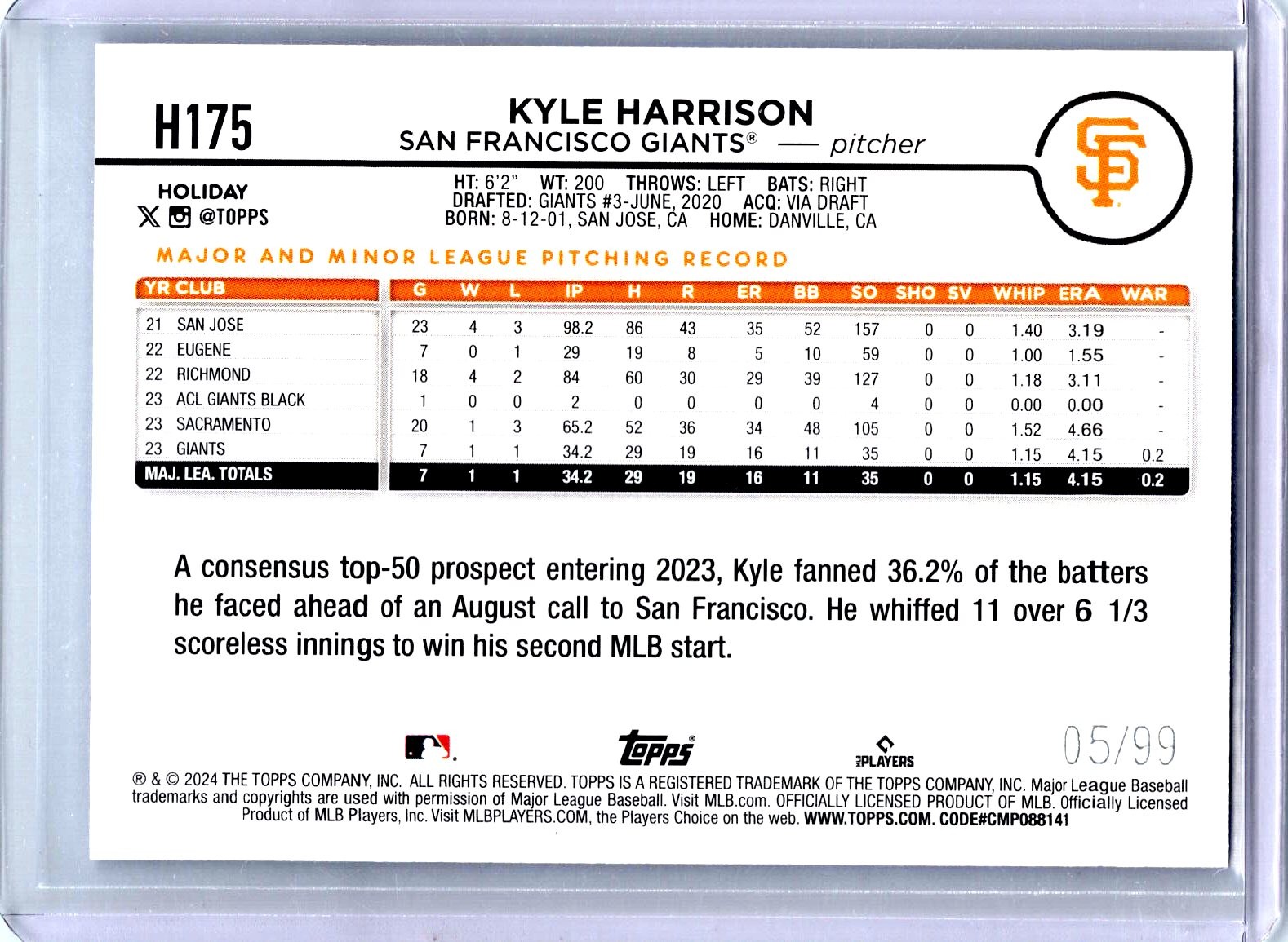 2024 Topps Holiday #H175 Kyle Harrison Purple Glitter #/99