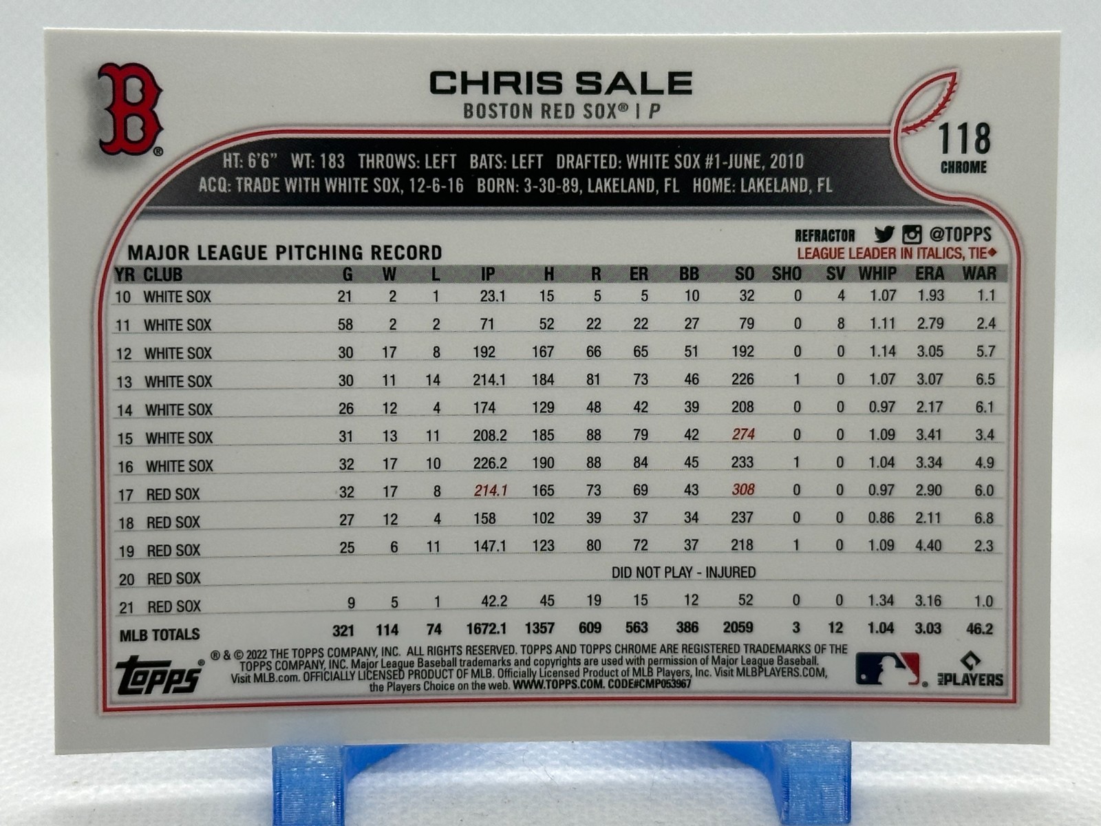 Chris Sale 2022 Topps Chrome – Refractor #118 – Boston Red Sox