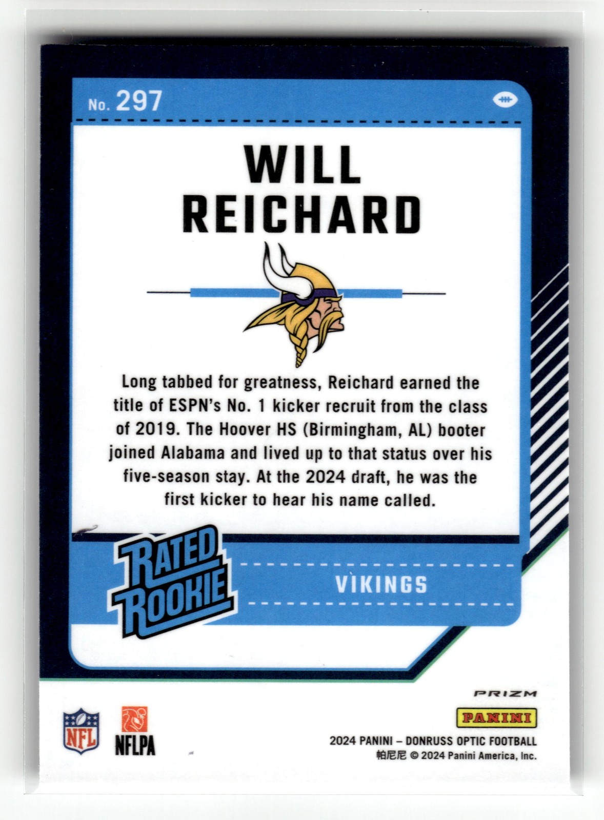 Will Reichard 2024 Donruss Optic #297 Minnesota Vikings Purple Shock RC