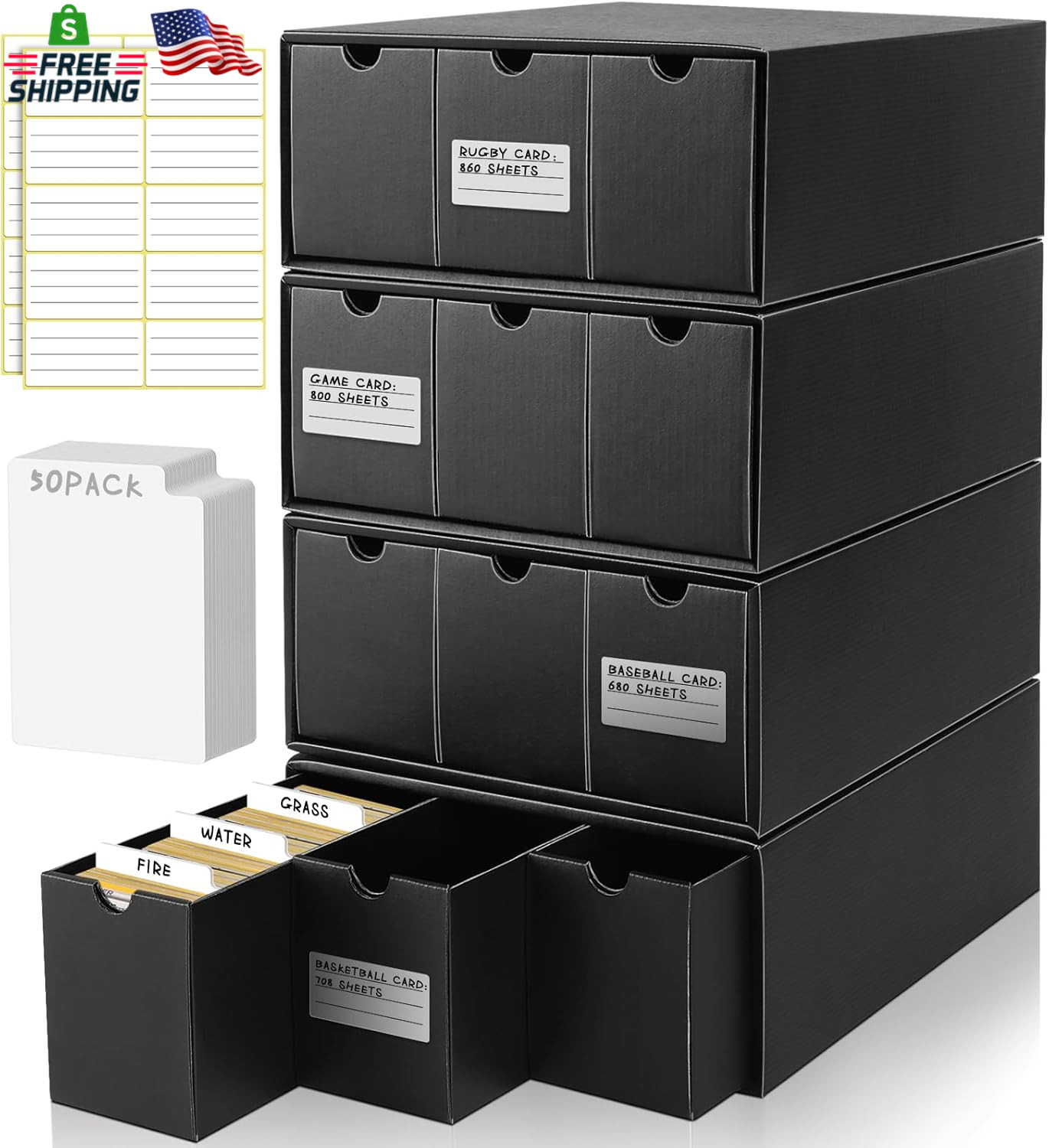 Homthy Trading Card Storage Box, Includes 12 Pack with 50 Card Dividers, Cardboa