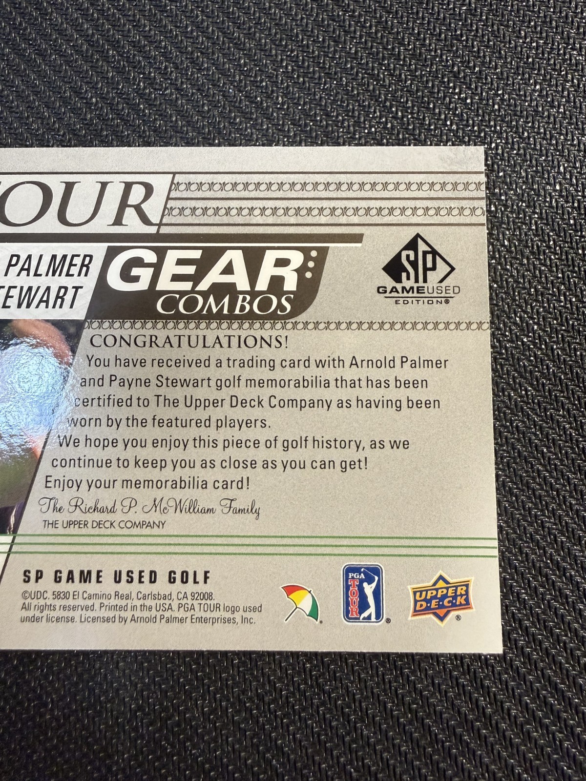 Arnold Palmer / Payne Stewart TG2-PS Tour Gear Combos BUTTON #1/1 ! SP Game Used