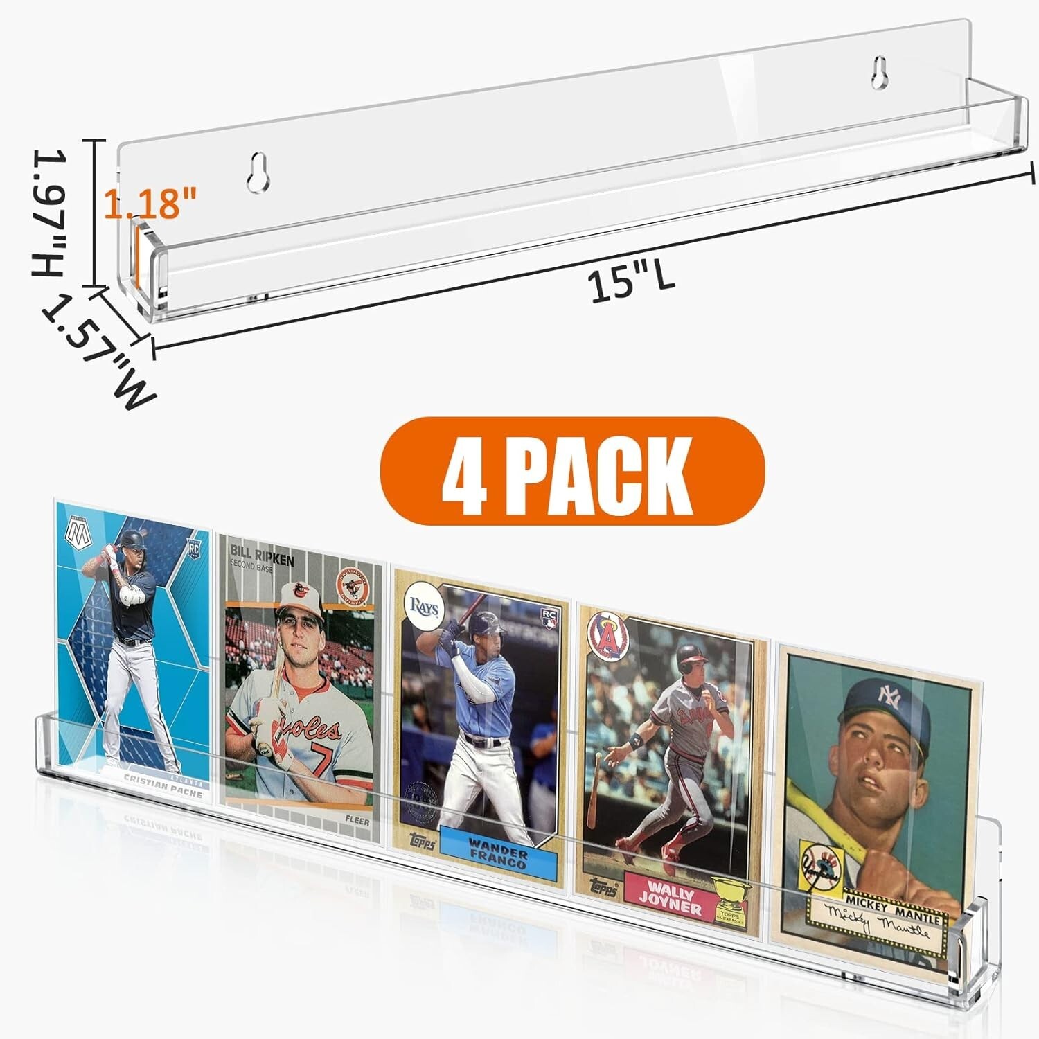 4 Pack Sports Card Display Shelf for Wall Hold 16 Graded Cards or 20 Sleeved