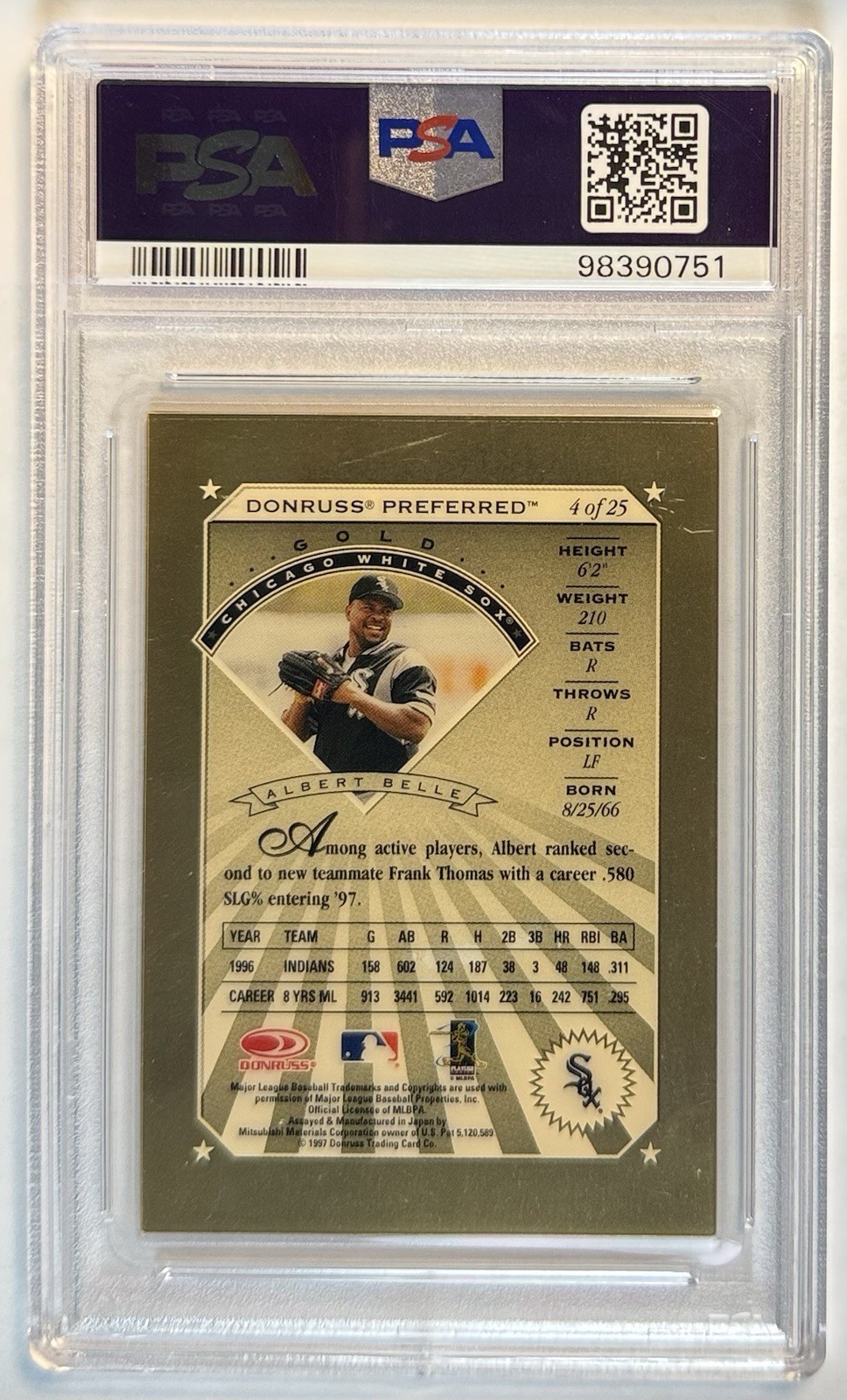 Albert Belle 1997 Donruss Preferred Precious Metals 1g Real 24k Gold PSA 8 MLB