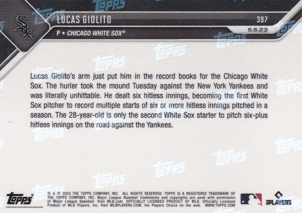 2023 TOPPS NOW #397 LUCAS GIOLITO- CHICAGO WHITE SOX