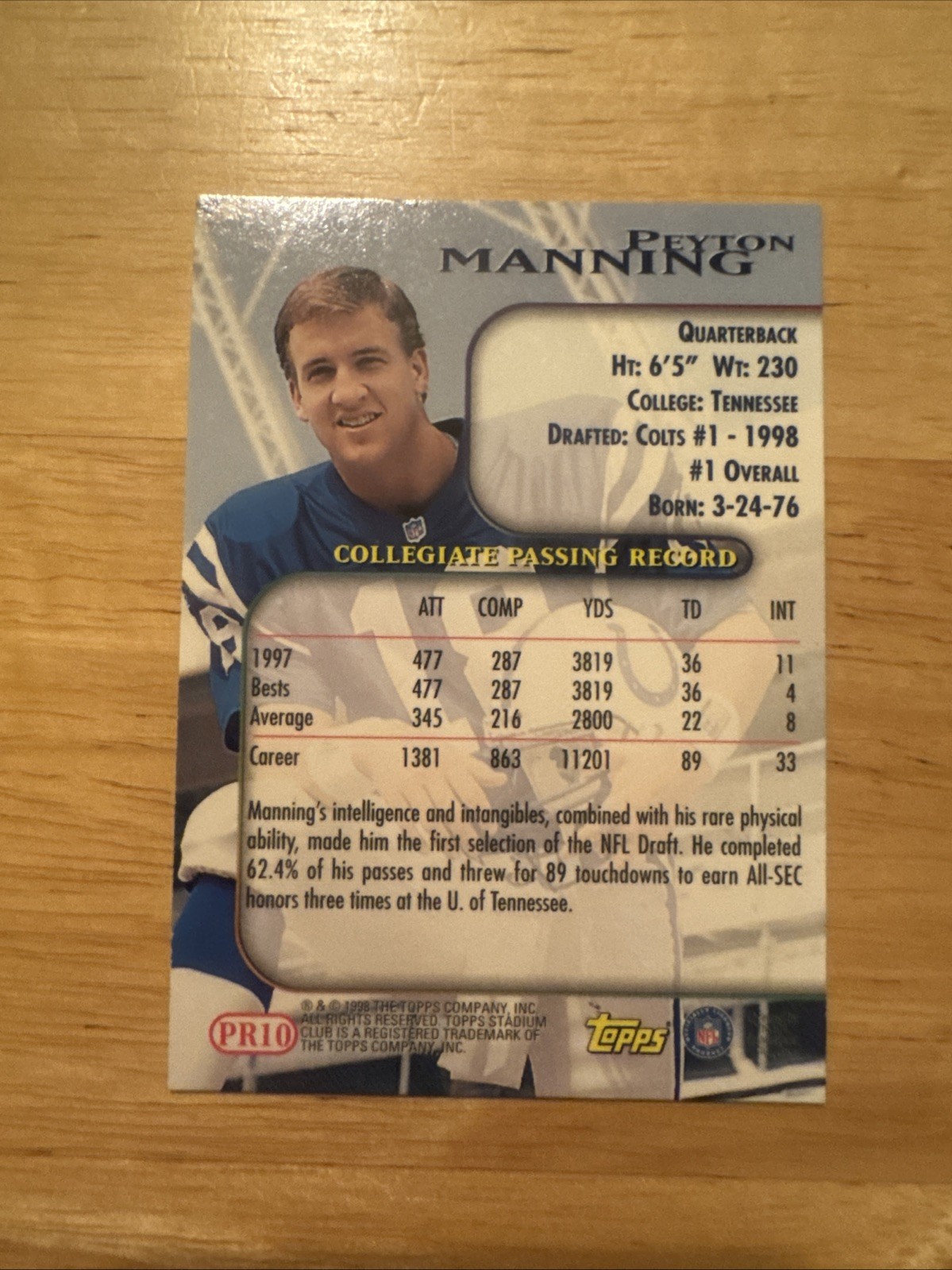 Payton Manning 1998 Stadium Club PRIME ROOKIES HOF Rookie Card #pr10 (8076)