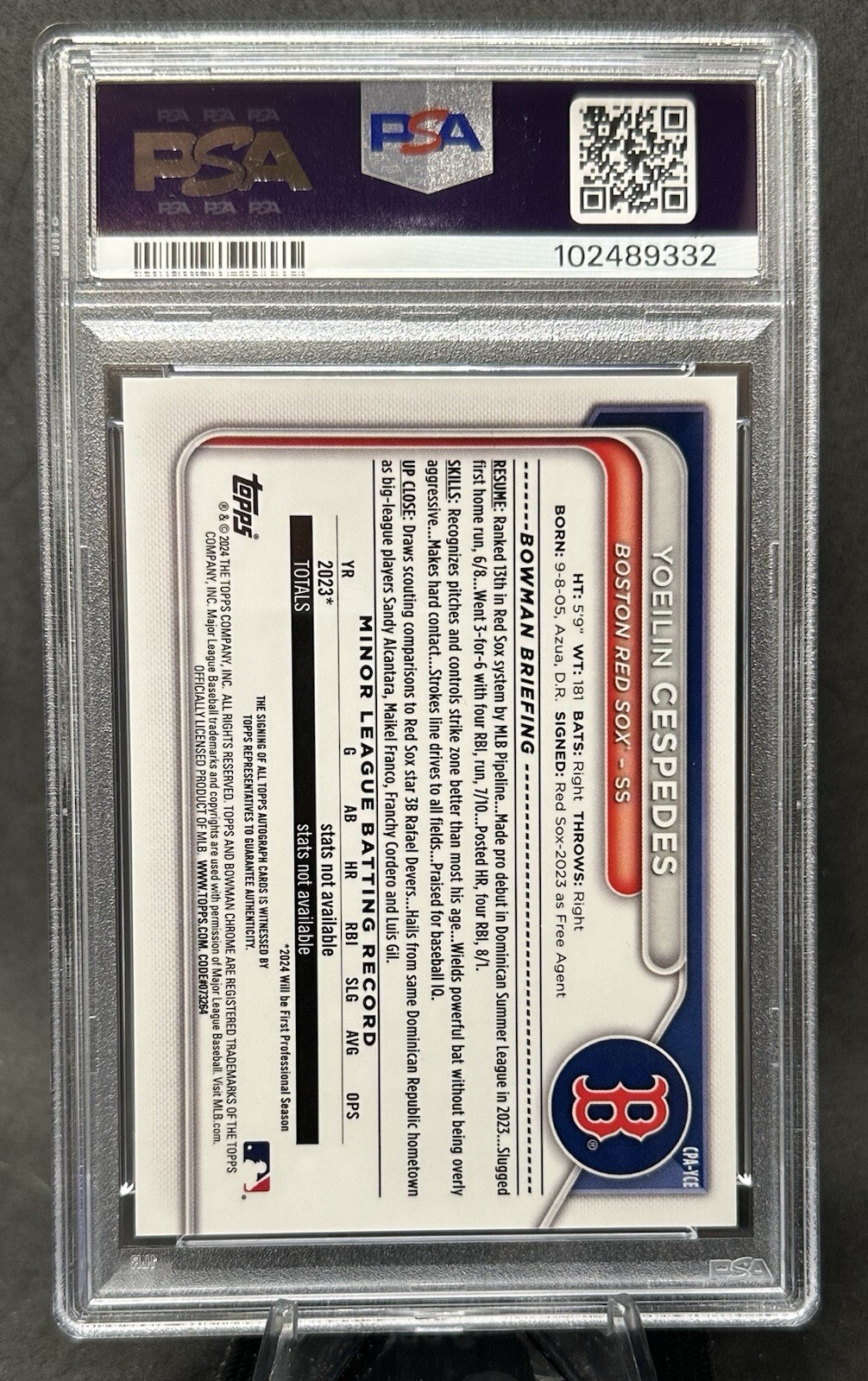 2024 Bowman Chrome Yoeilin Cespedes 1st Bowman Yellow Auto /75 PSA 10 Red Sox