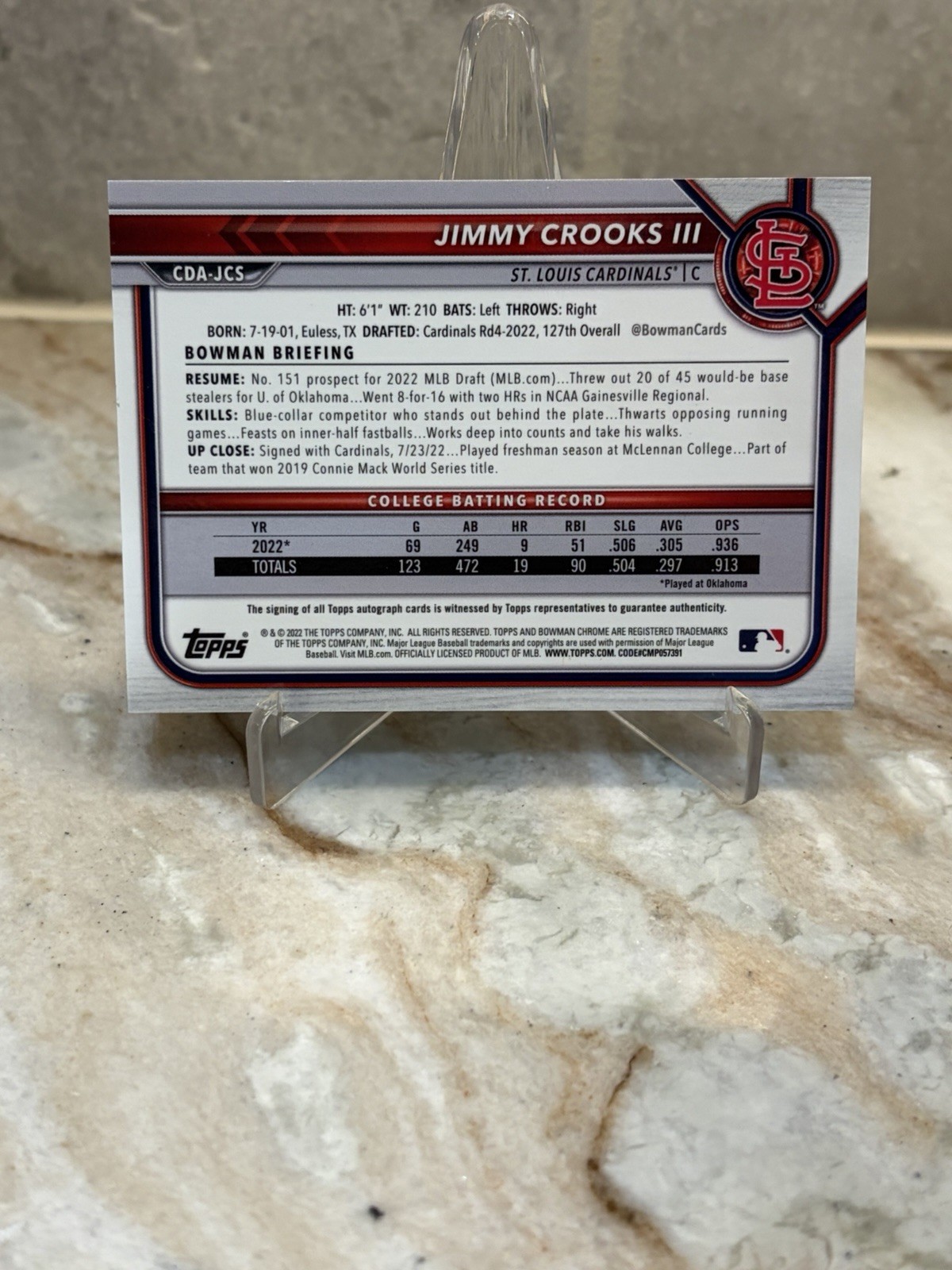 2022 1st Bowman Draft- Jimmy Crooks /150 Blue Wave Refractor AUTO St. Louis