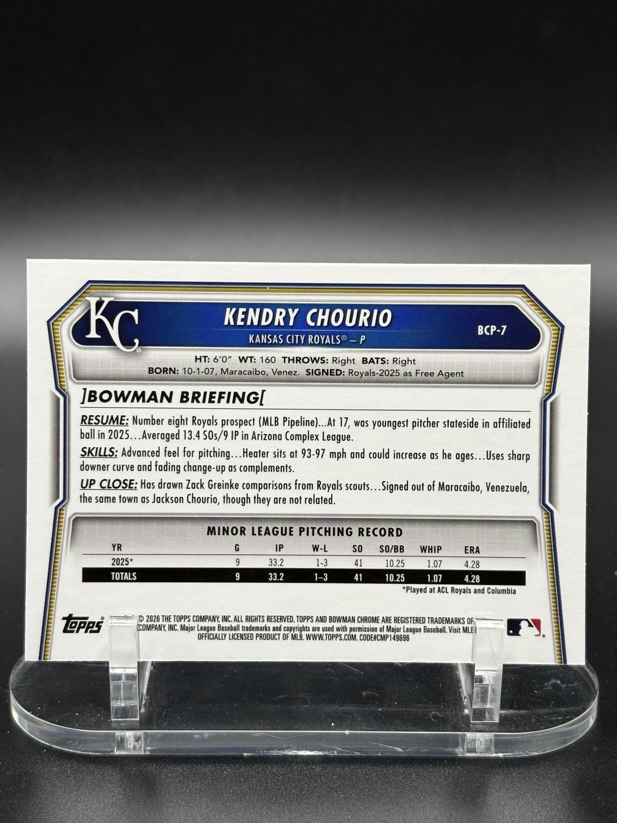 2026 Bowman #BCP-7 Kendry Chourio Chrome Prospects Mojo Fuchsia Refractor #/299