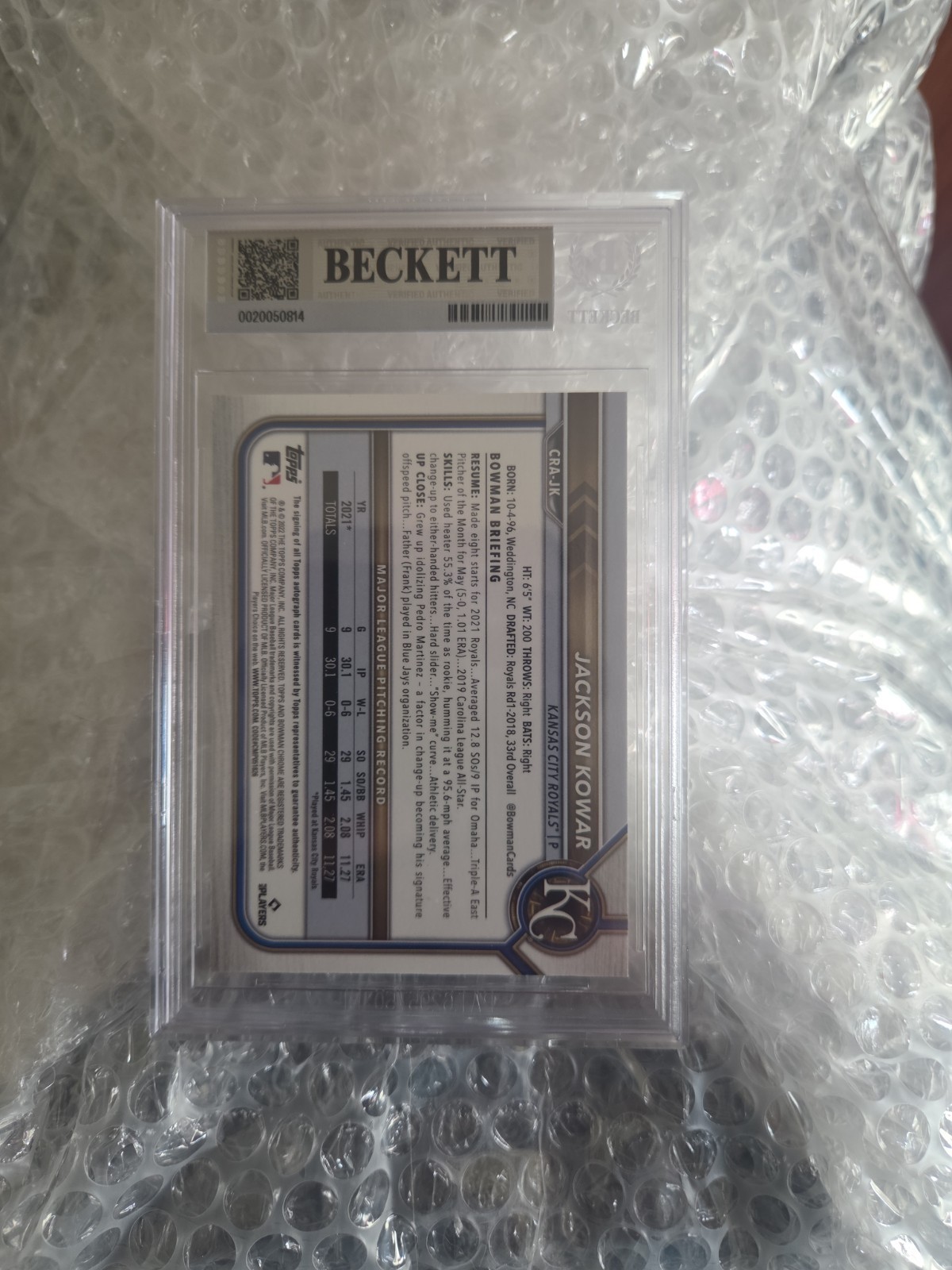 💥2022 Bowman Chrome Rookie Jackson Kowar Superfractor Auto 1/1 BGS 9💥