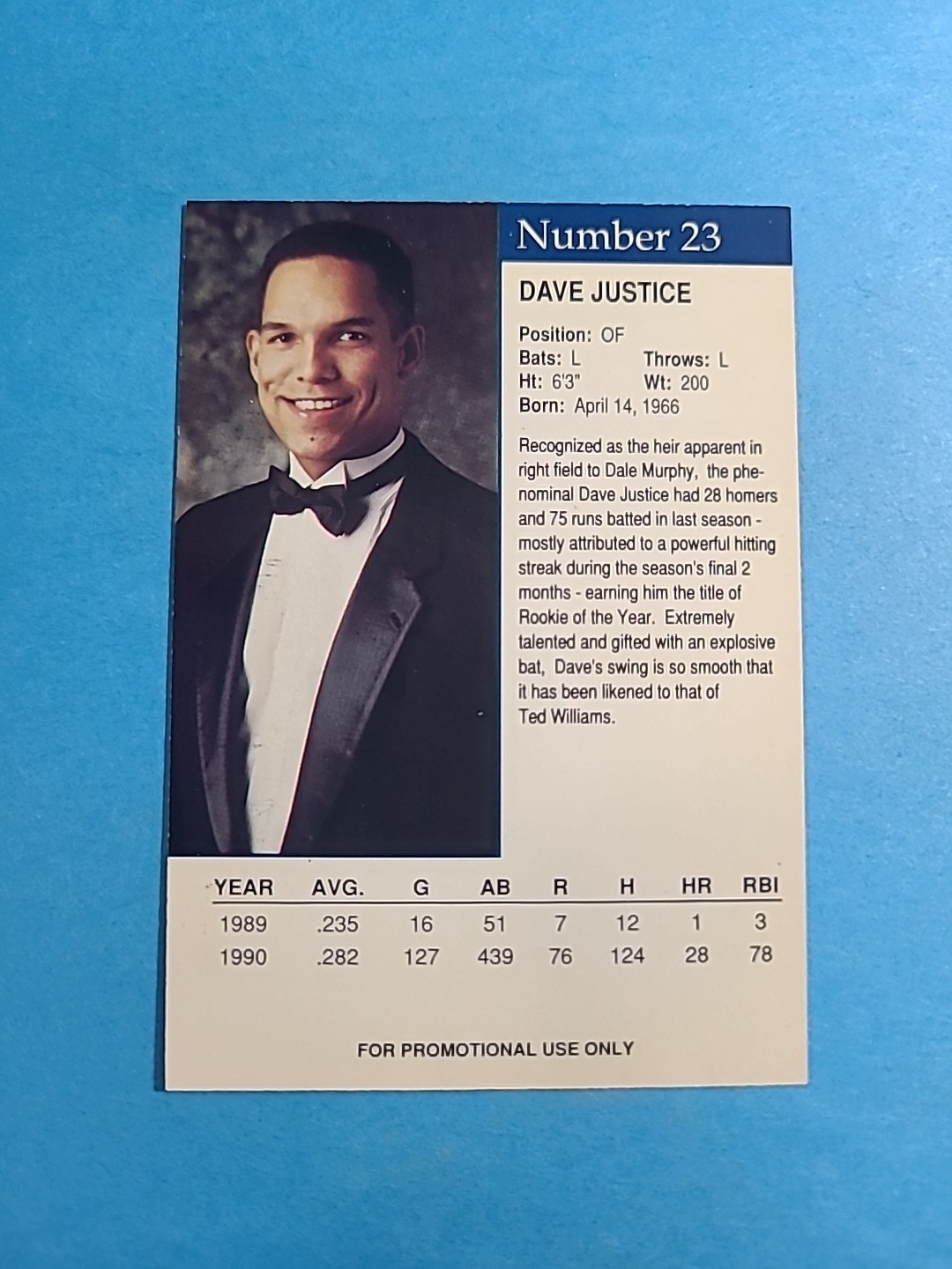 Dave David Justice 1991 Card Guard Promo Baseball Card # 23 I7698