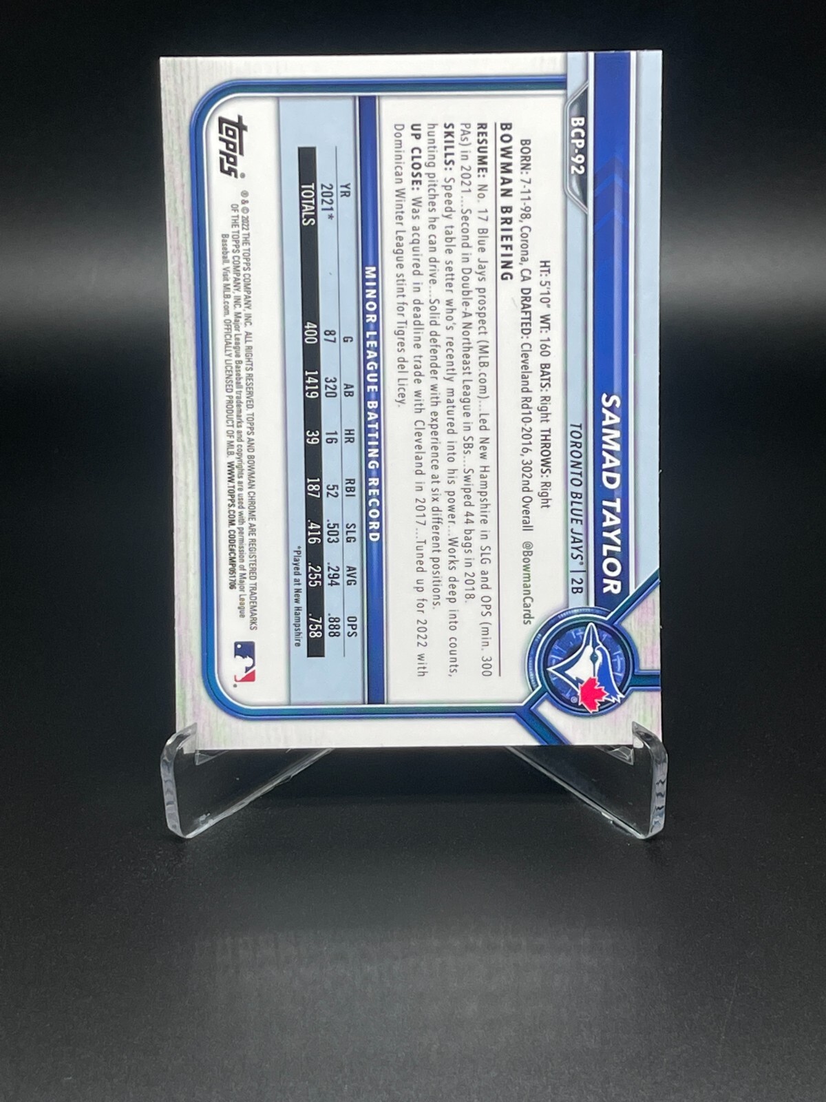 2022 Bowman Blue Jays Samad Taylor 1st Bowman Chrome BCP-92 – Free Shipping