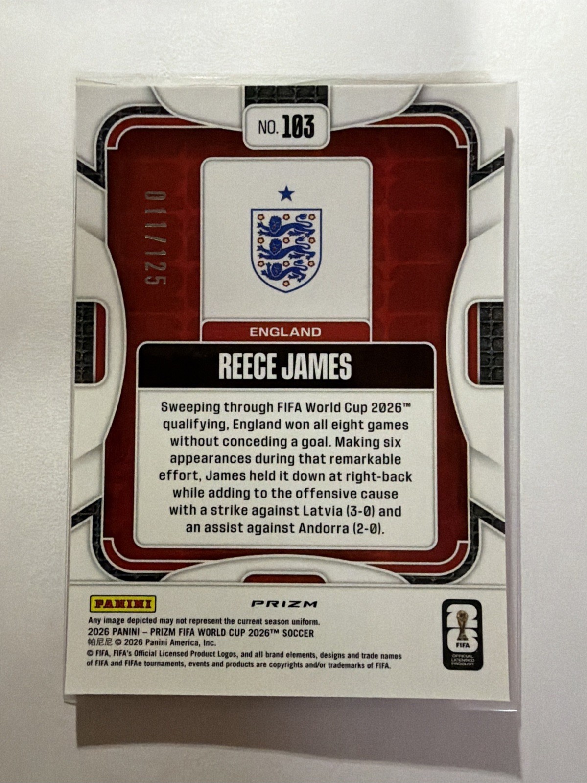 2026 Panini Prizm FIFA World Cup REECE JAMES #103 Orange Wave /125 England