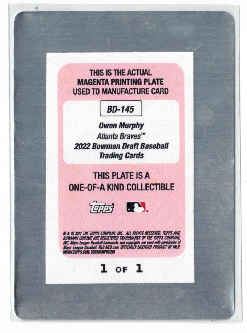 2022 1st Bowman Draft PRINTING PLATE RC Owen Murphy #BD-145! Rookie! One of 1/1