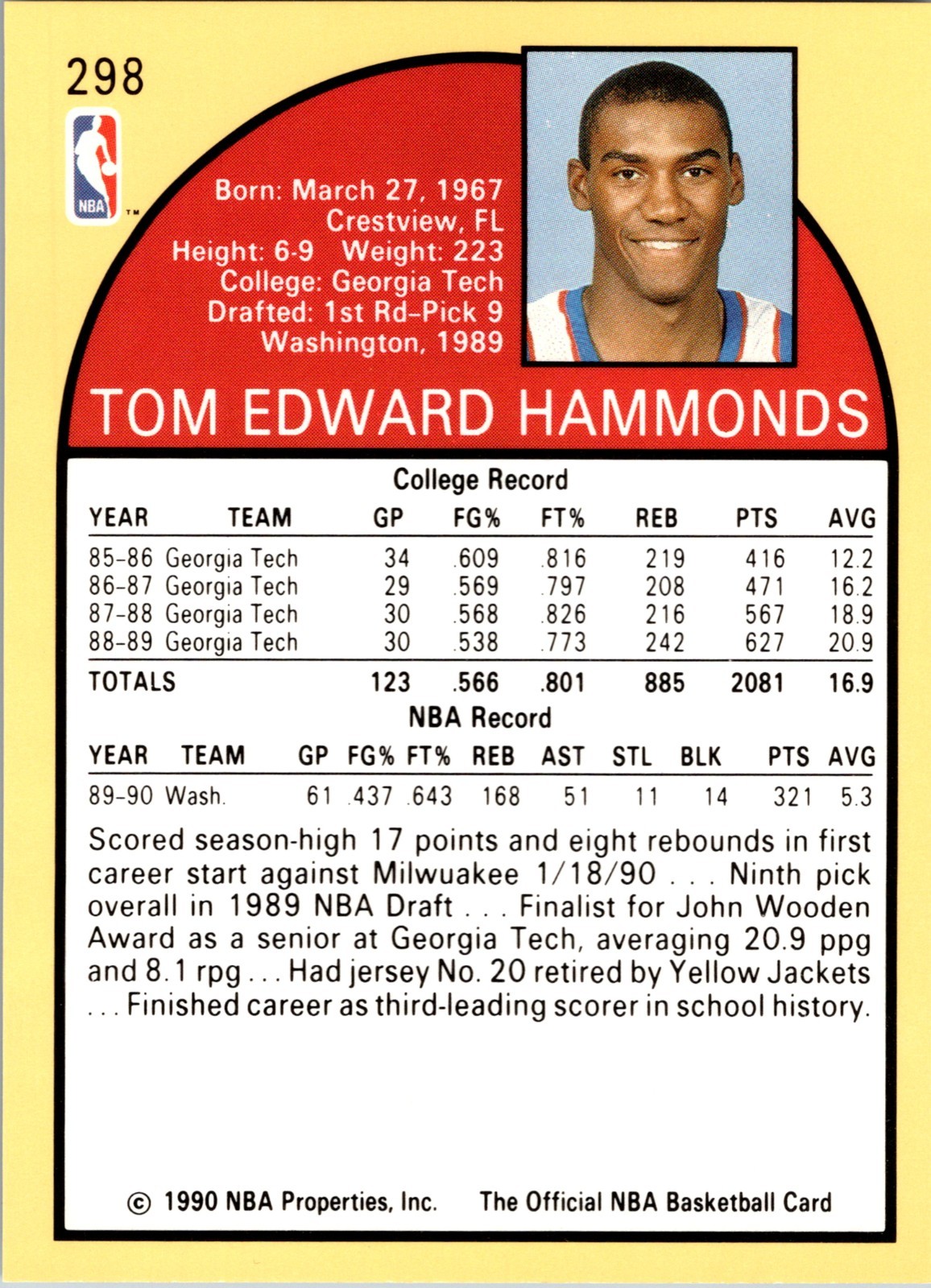 1990-91 NBA Properties Tom Hammonds #298