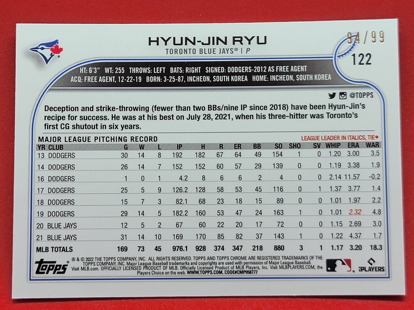 2022 Topps Chrome Ben Baller Hyun-Jin Ryu Green Refractor /99 #122 n_A