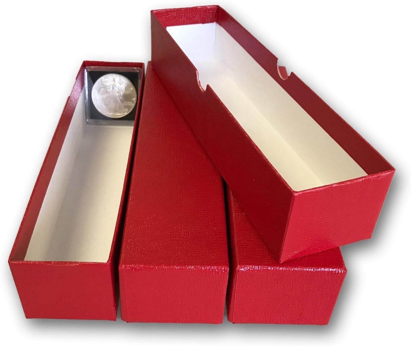 LOT OF 3 – SINGLE ROW 2×2 STORAGE BOXES For Coins in Plastic, Vinyl, red